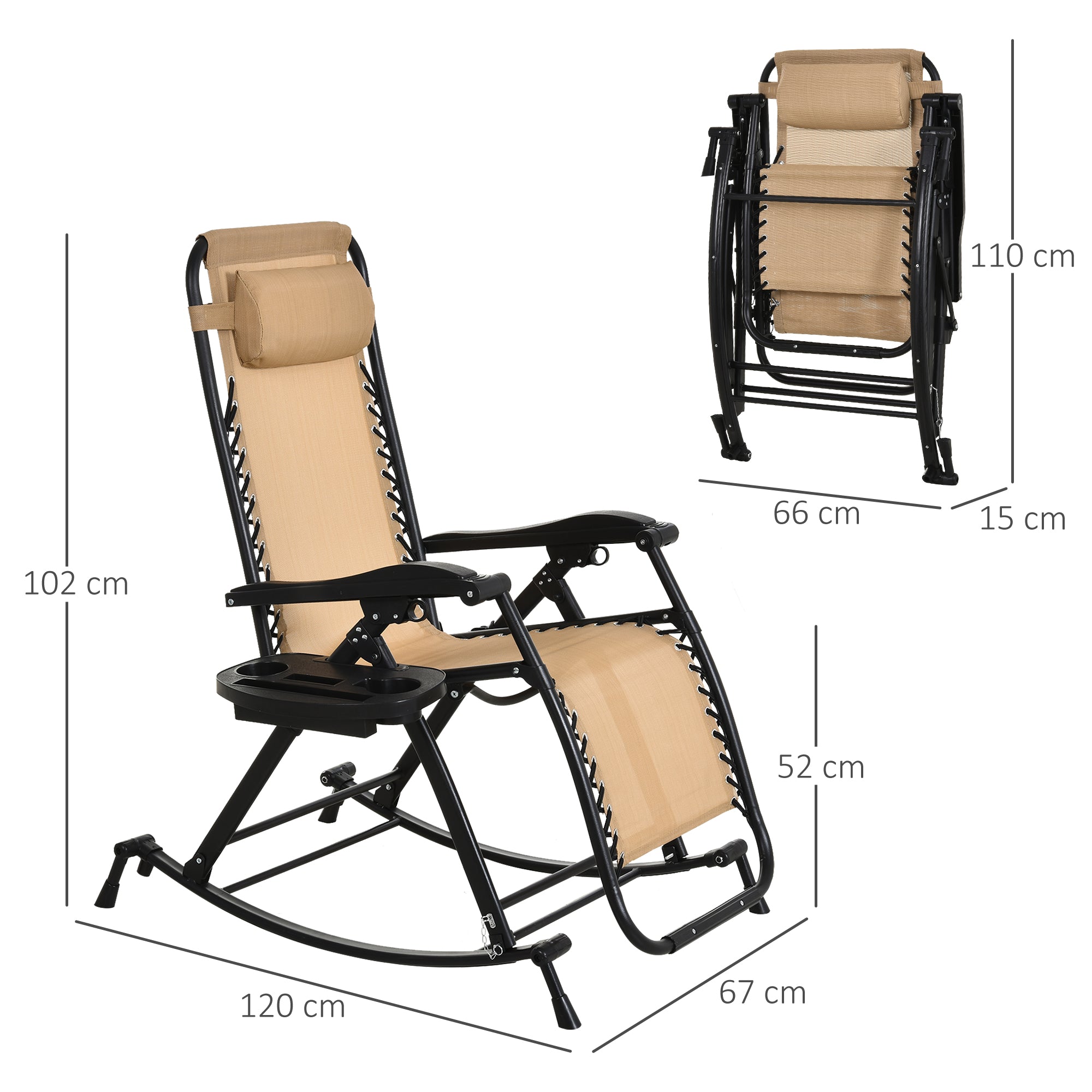 Outsunny Garden Rocking Chair Folding Recliner Outdoor Adjustable Sun Lounger Rocker Zero-Gravity Seat with Headrest Side Holder Patio Deck - Beige - North Peak Garden Furniture