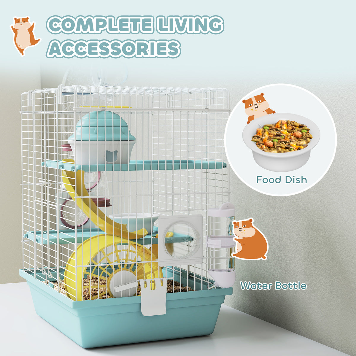 PawHut 3-Level Hamster Cage with Exercise Wheel, Water Bottle, Food Bowl, for Dwarf Hamsters, 34.5 x 27.5 x 41 cm, Blue