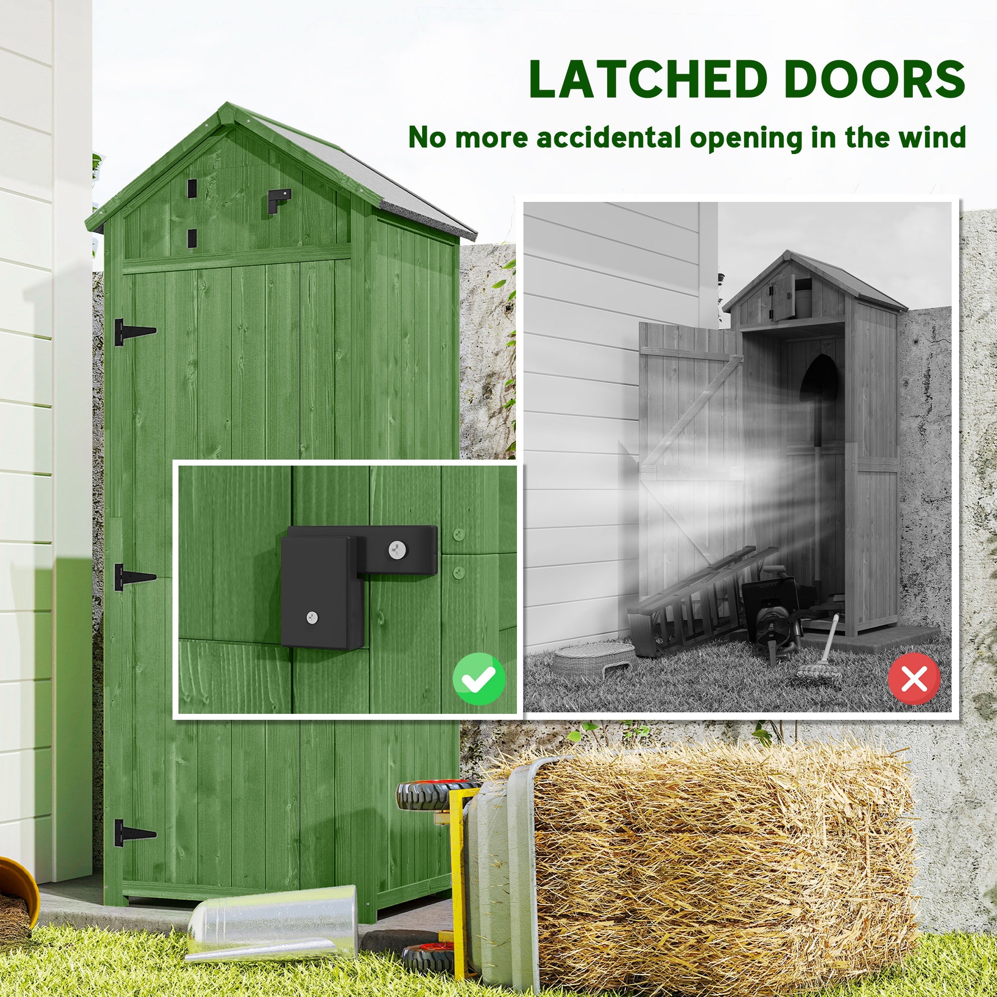 Outsunny Wooden Garden Shed, Utility Outdoor Small Shed with Lockable Double Doors, Shelves and Roof Hatch, Dark Green