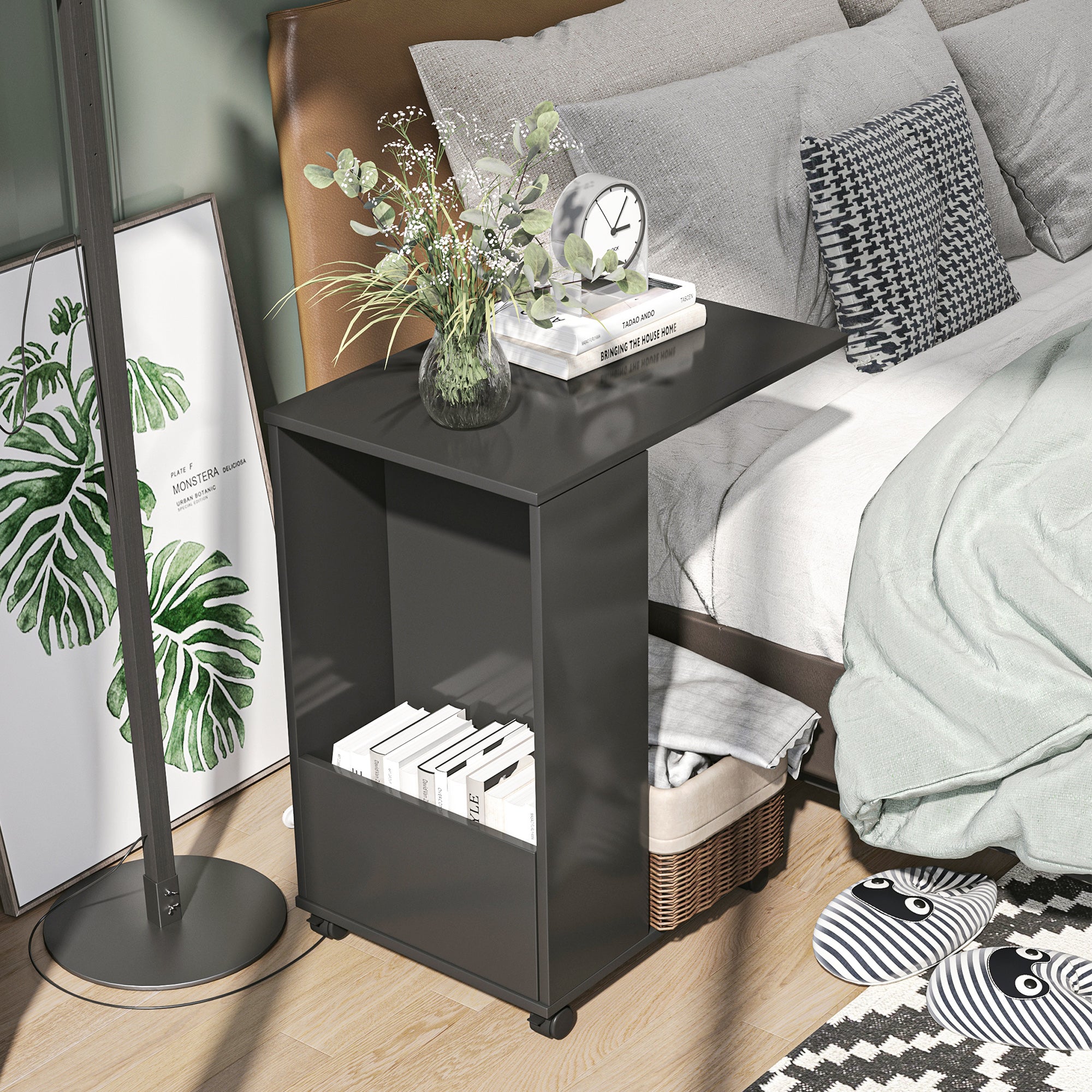 HOMCOM Mobile Sofa Side Table C-Shape End Table with Storage and Casters for Laptop Coffee Snack, Black - North Peak Garden Furniture
