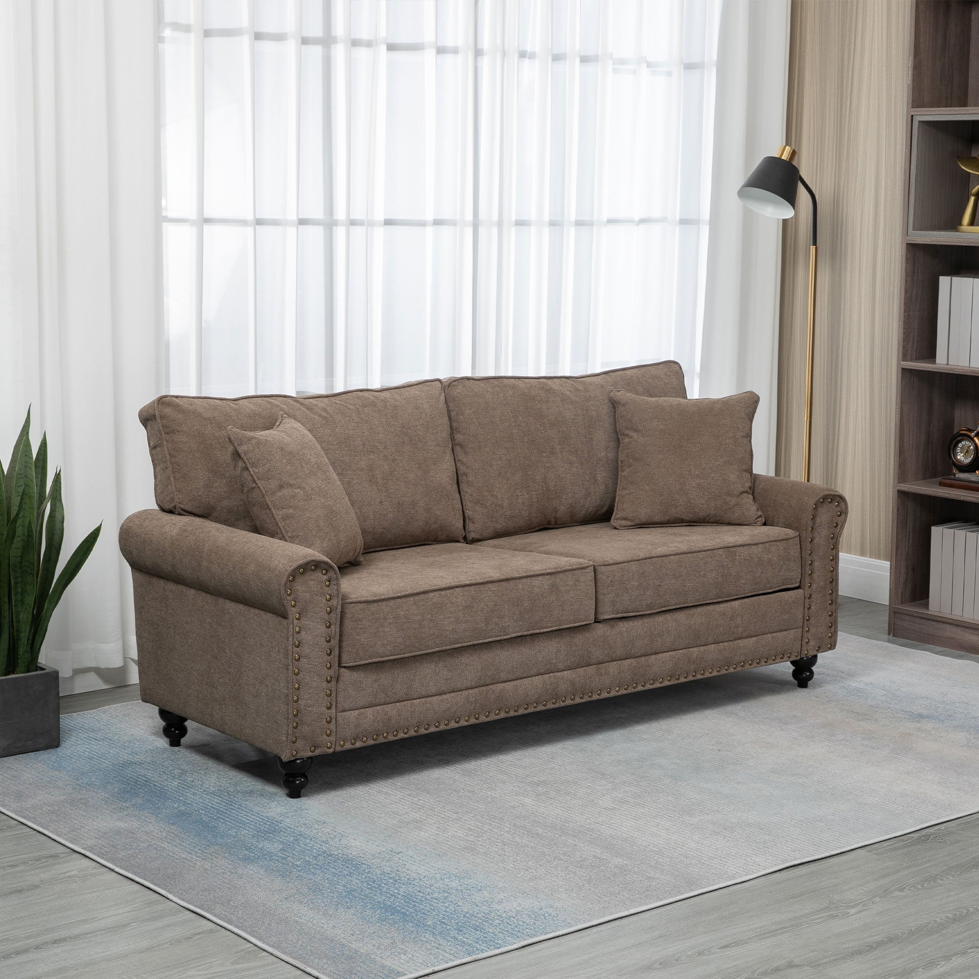 HOMCOM 3 Seater Sofas for Living Room, Fabric Sofa with Nailhead Trim, Cushions and Pillows, Brown - North Peak Garden Furniture