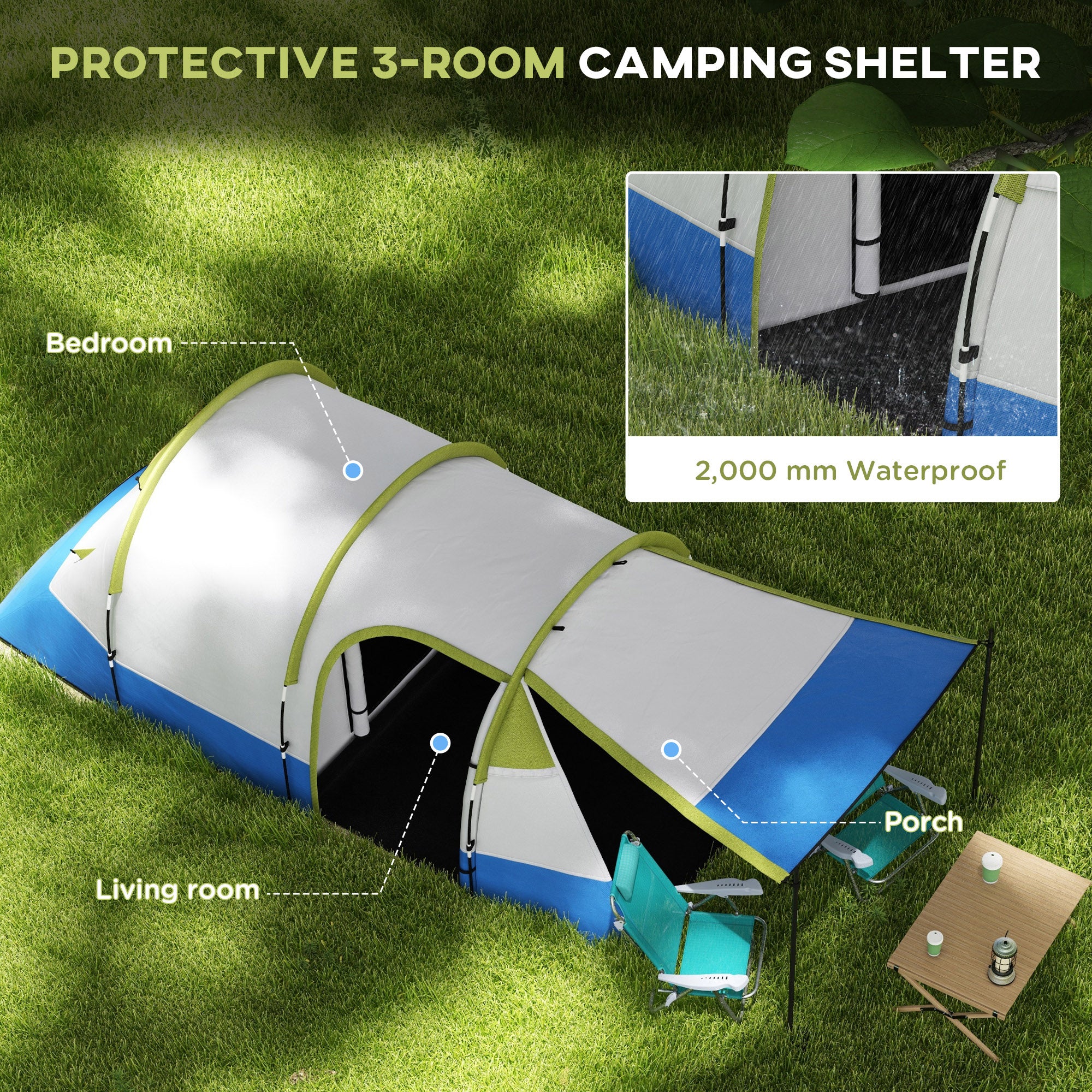 Outsunny Three Man Two-Room Tent, with Porch and Accessories - Green - North Peak Garden Furniture