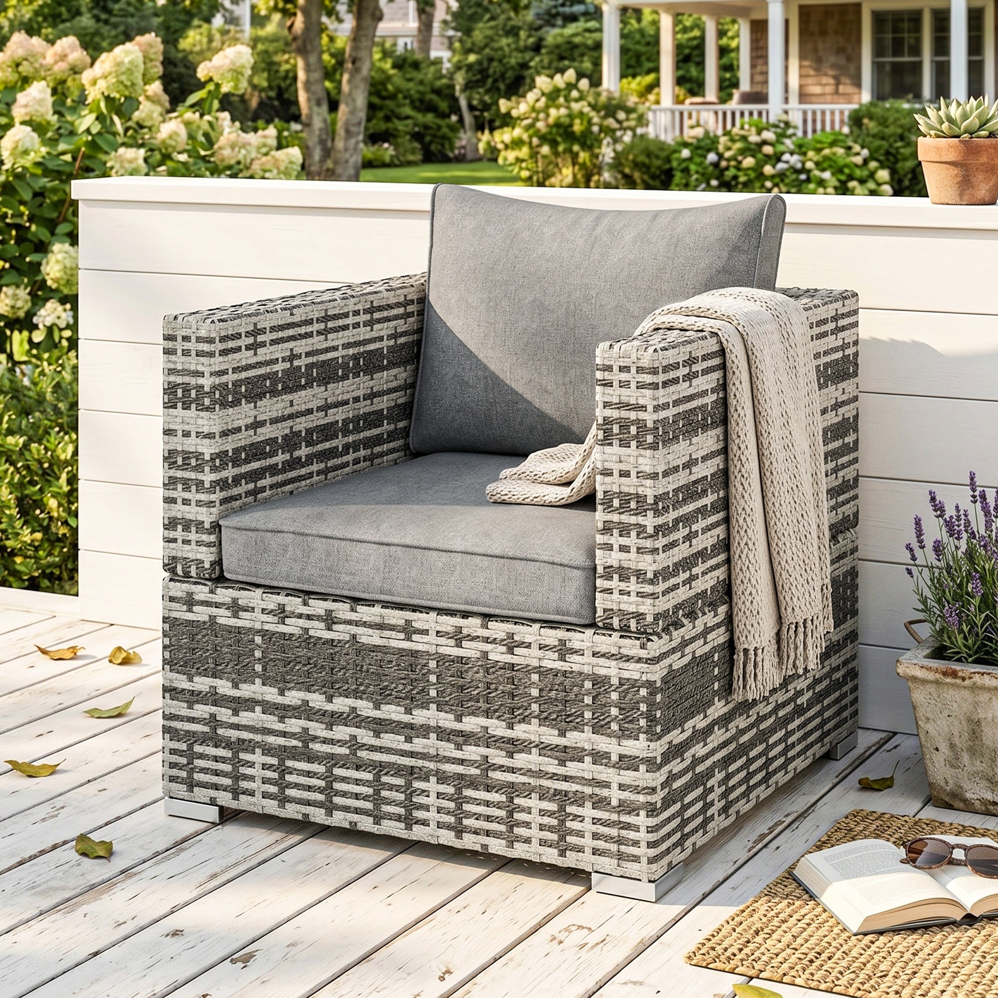 Outsunny Single Seater Rattan Chair Sofa with Padded Cushions, All-Weather PE Wicker Weave Garden Armchair with Armrests, Grey