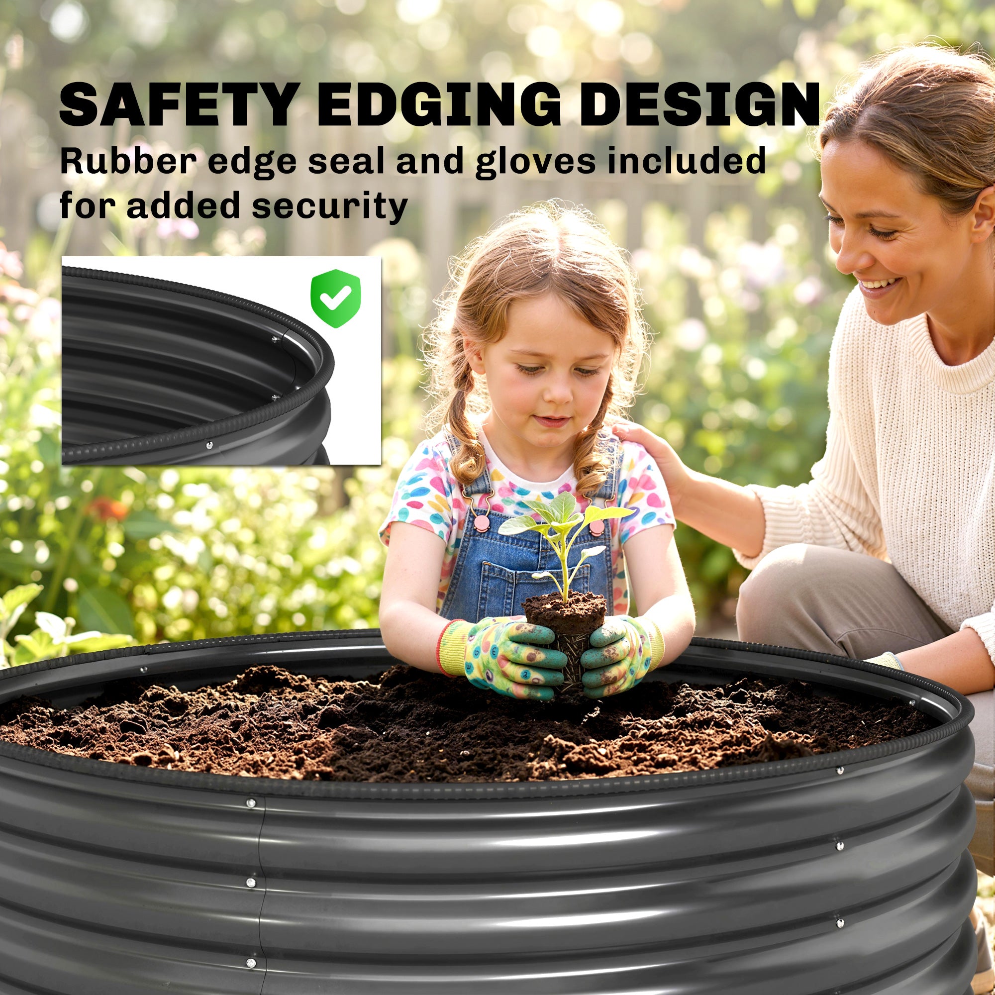 Outsunny Galvanised Raised Garden Bed with Safety Edging, Outdoor Raised Planter Box with Gloves, 120 x 120 x 43cm, Dark Grey