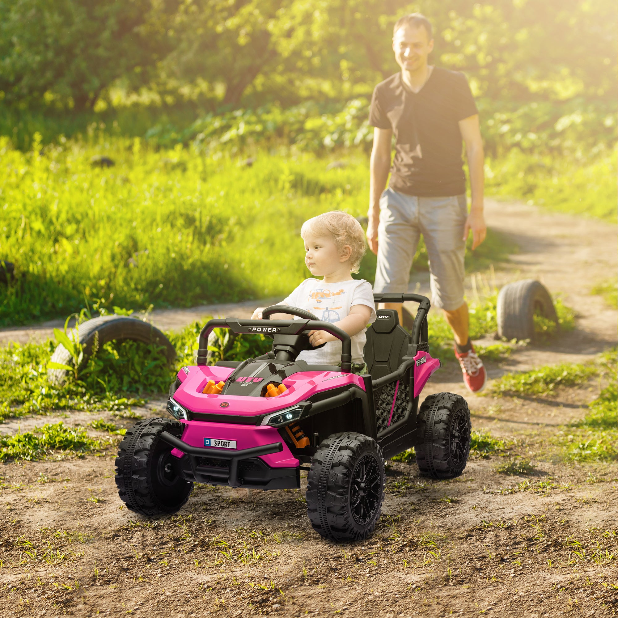 AIYAPLAY 12V Battery Powered Ride on Truck w/ Remote, Four Suspension Wheels, Horn, Lights, Music, USB, for Ages 3-5 Years, Pink - North Peak Garden Furniture