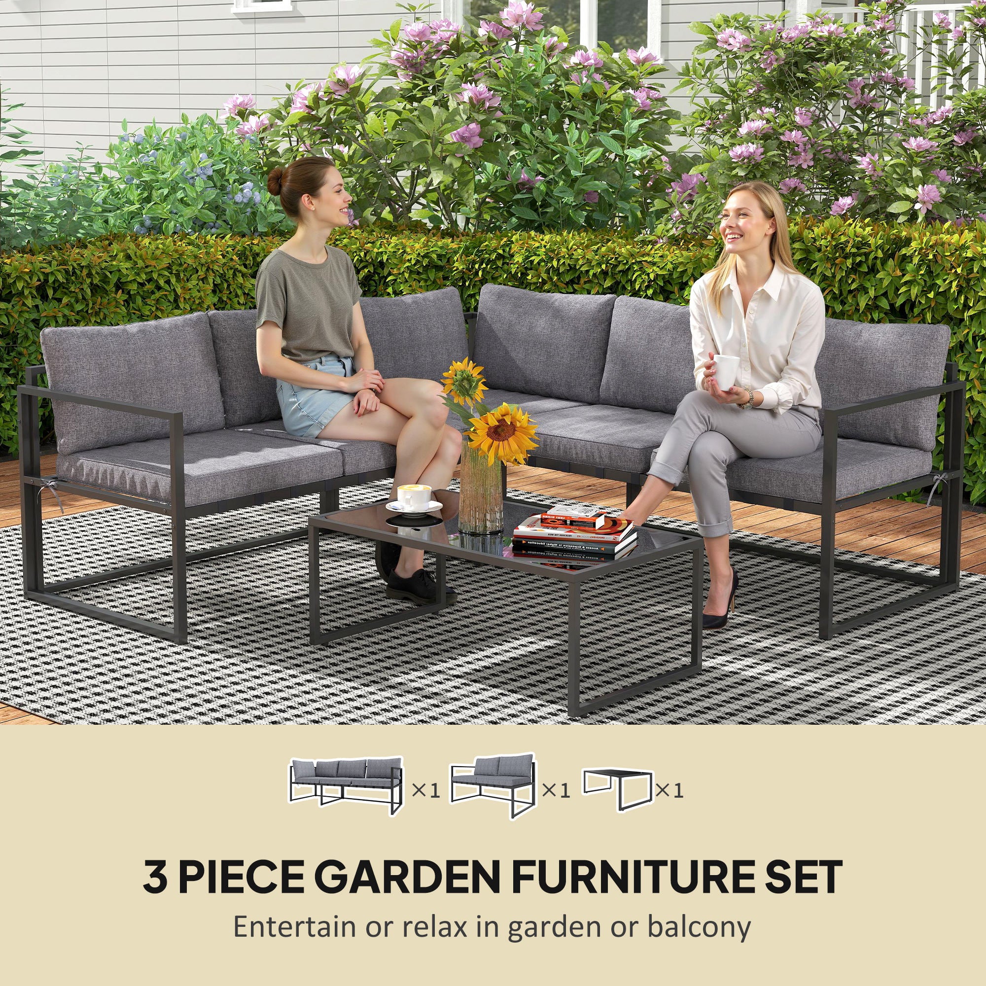 Outsunny Three-Piece L Shaped Garden Furniture Set with Cushions - Grey - North Peak Garden Furniture