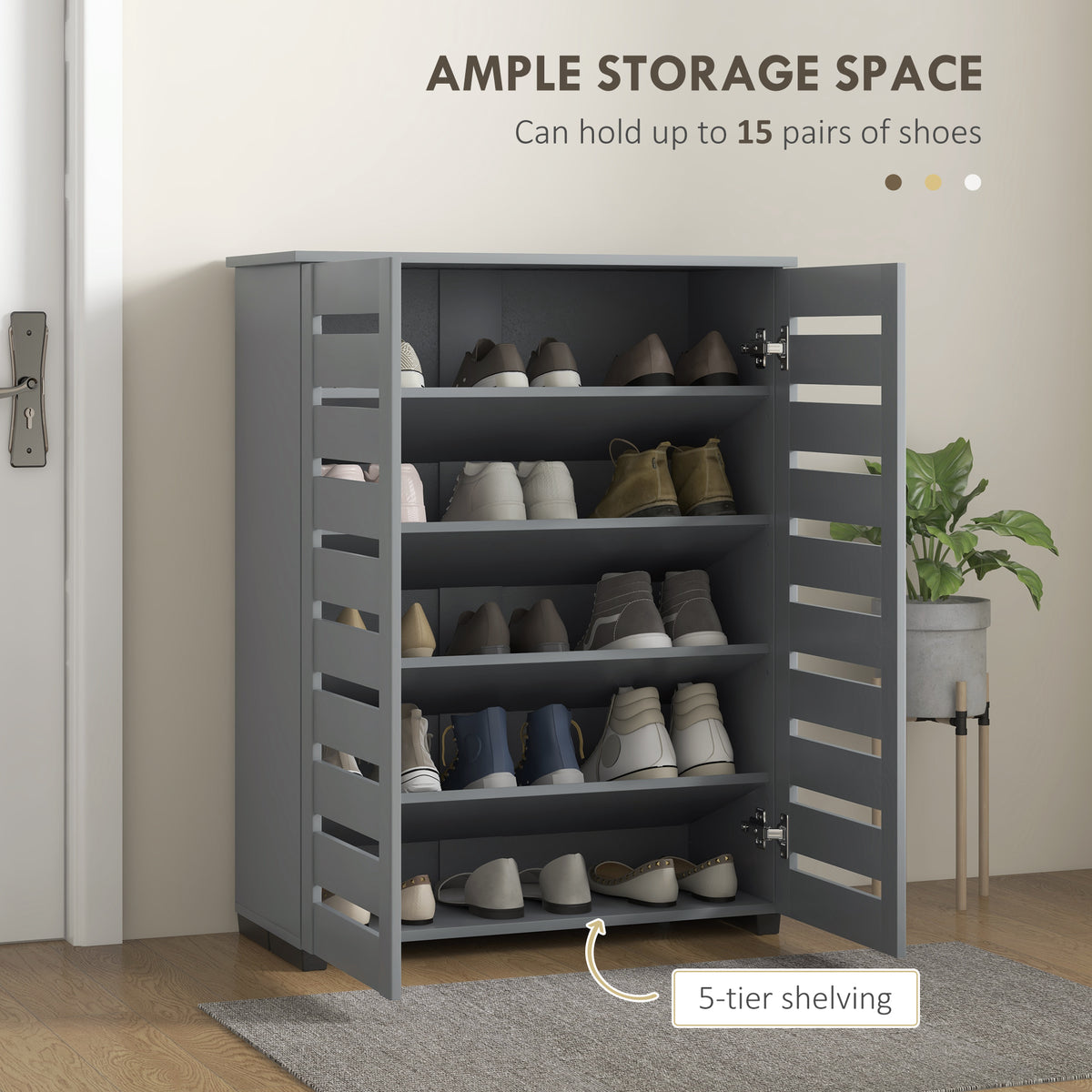 HOMCOM Narrow Shoe Cabinet for Entryway, 5-Tier Slim Shoe Storage Cabinet with 2 Slatted Doors and Adjustable Shelves Grey