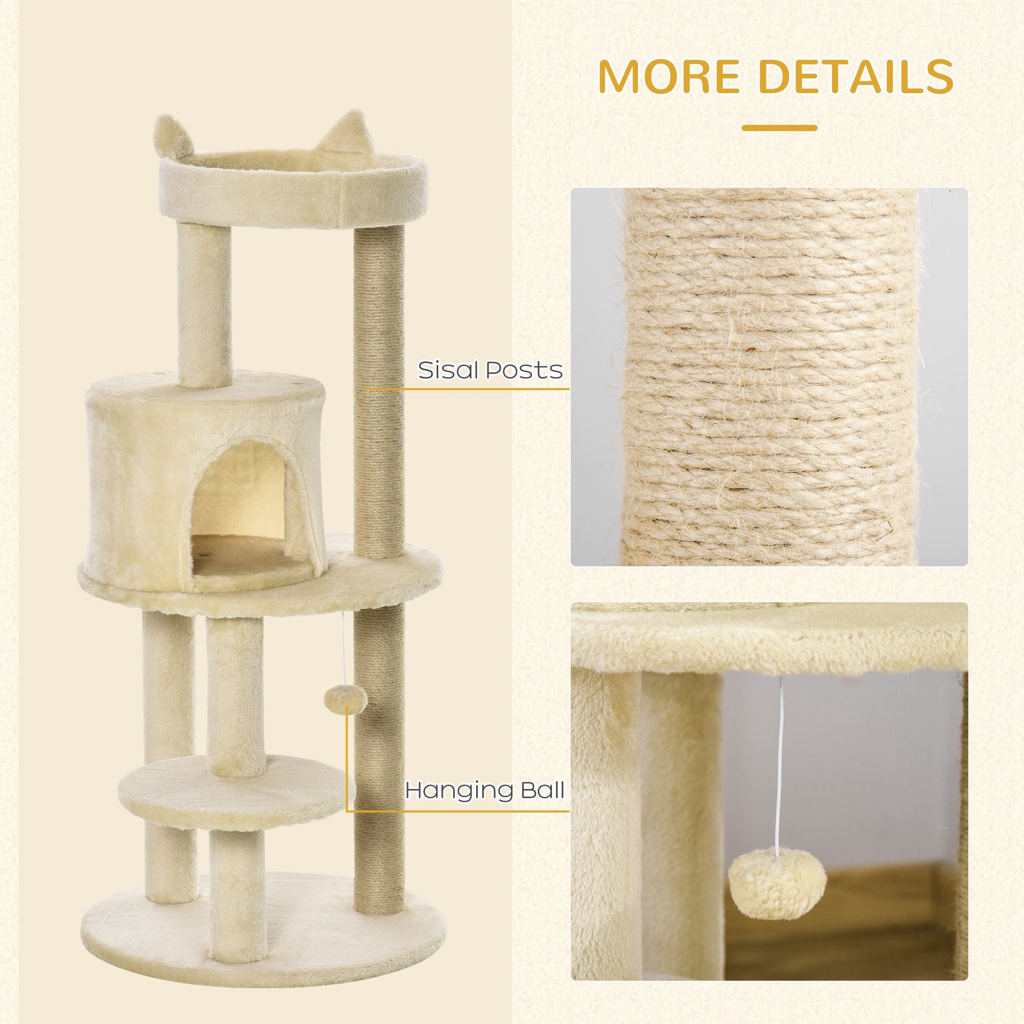 PawHut 104 cm Cat Tree, Cat Condo Tree Tower, Cat Activity Centre with Scratching Posts, Plush Perch, Hanging Ball - Cream White