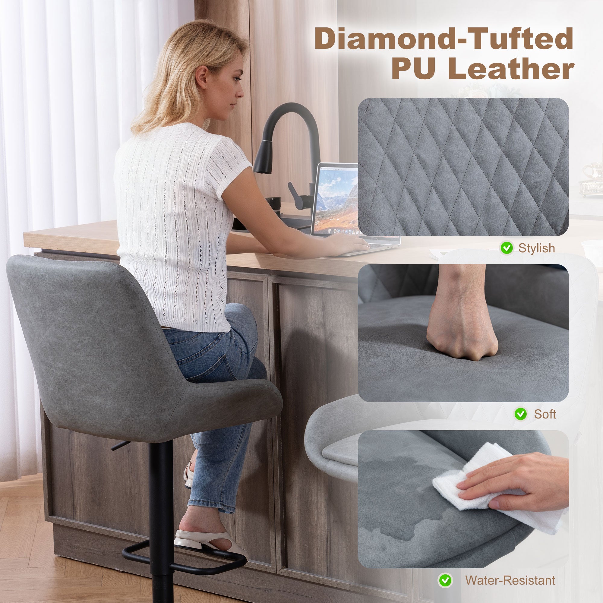 HOMCOM Set of Two Faux Leather Retro Bar Stools - Light Grey