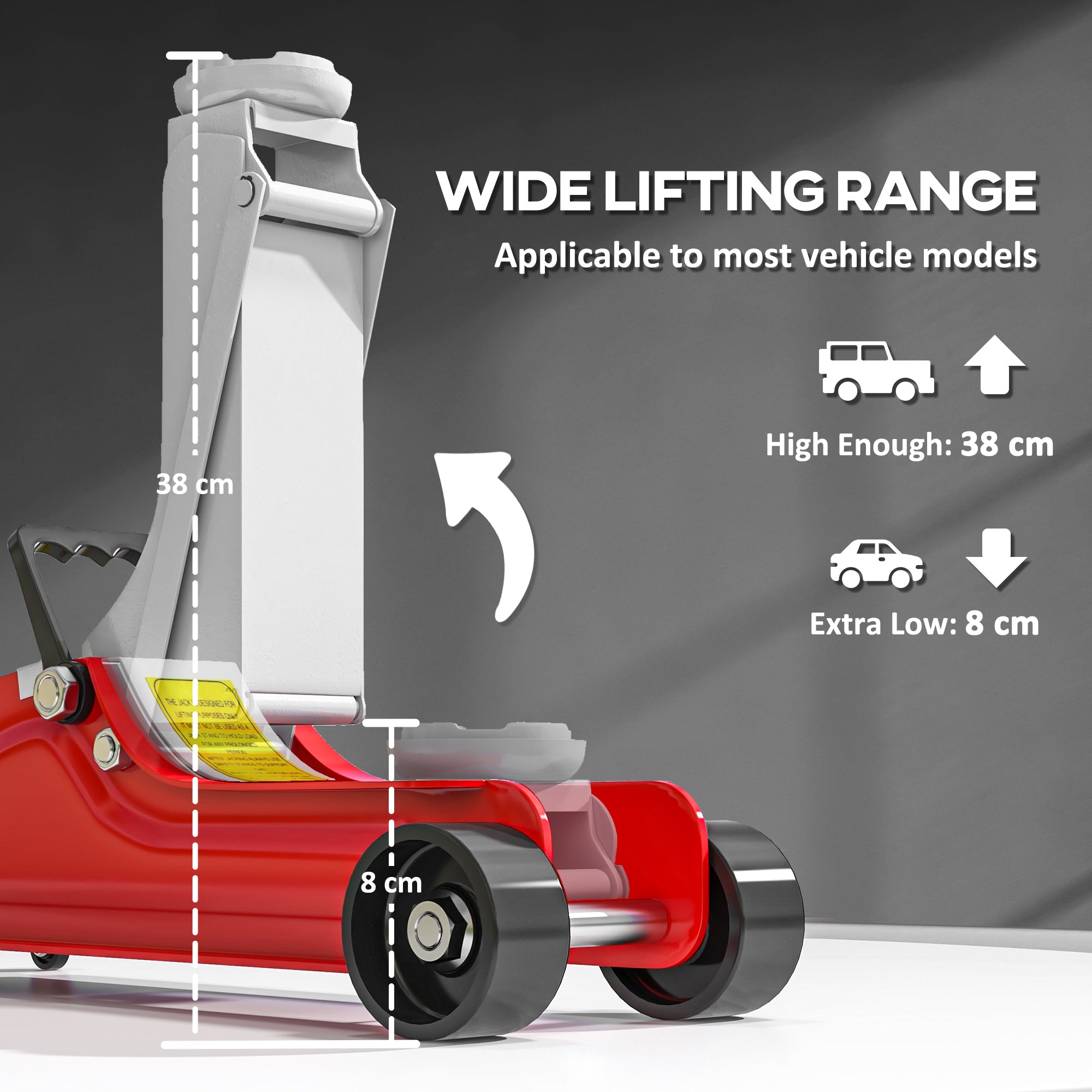 HOMCOM Low Profile Jack, Hydraulic Racing Floor Jack, 8-38cm Lifting Range, 2.5 Ton Capacity, Red - North Peak Garden Furniture