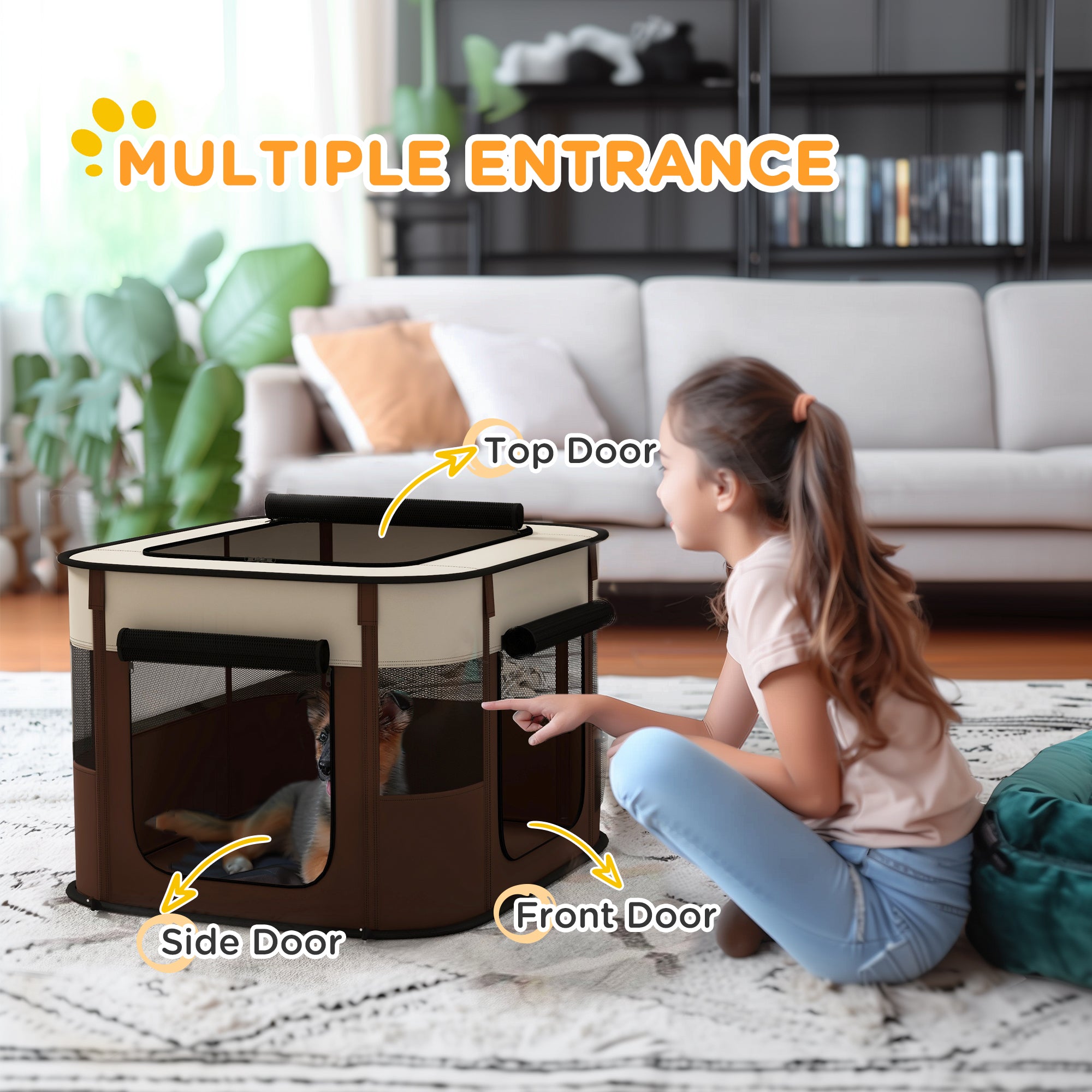 PawHut Foldable Dog Pen with Storage Bag for Indoor/Outdoor Use, Portable Pet playpen, with Ground Stakes - Brown - North Peak Garden Furniture