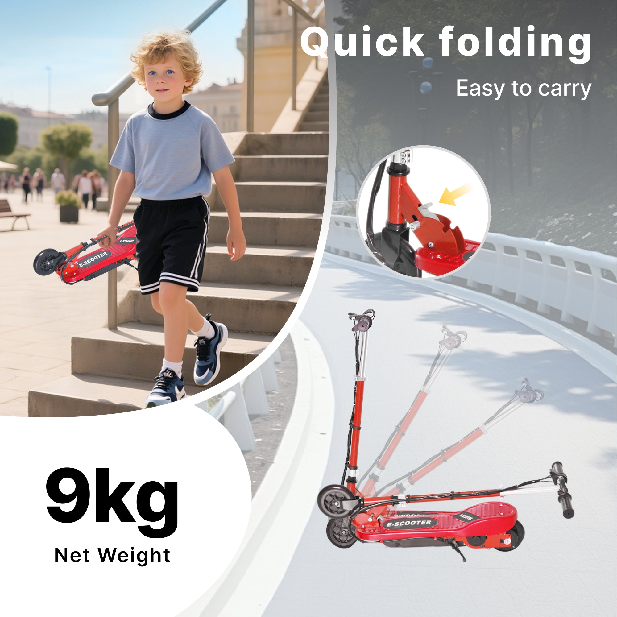 HOMCOM Folding Electric Kids Scooter Ride on Age 7-14, Red/Black