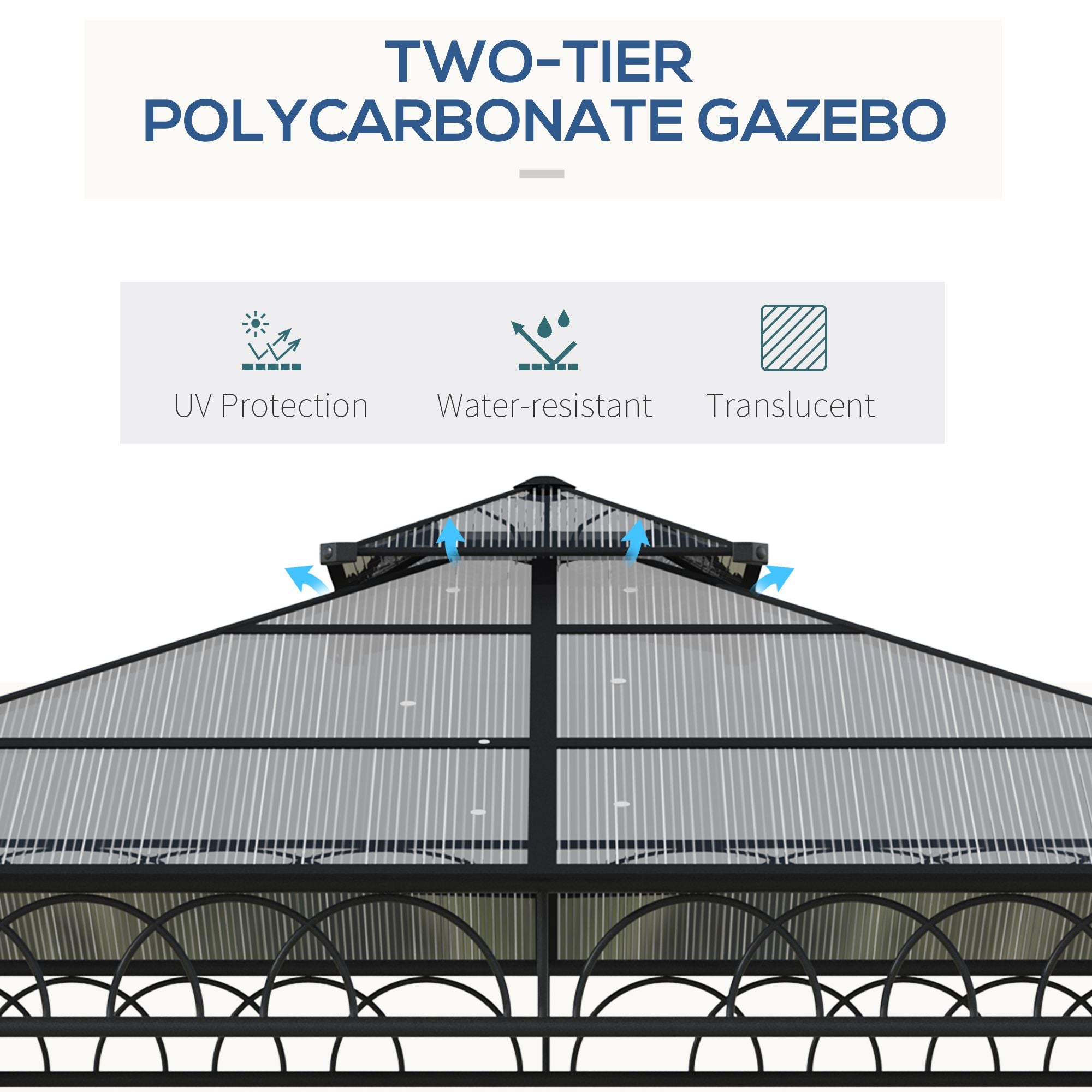 Outsunny 3 x 3 (m) Outdoor Polycarbonate Gazebo, Double Roof Hard Top Gazebo with Galvanised Steel Frame, Nettings & Curtains for Garden, Lawn, Patio and Deck - North Peak Garden Furniture