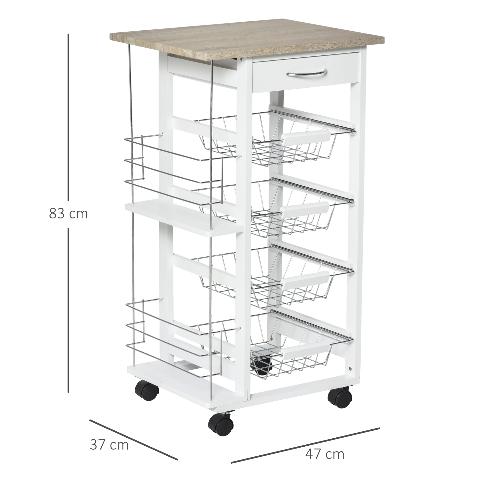 HOMCOM Rolling Kitchen Cart, Utility Storage Cart with 4 Basket Drawers & Side Racks, Wheels for Dining Room, Natural and White