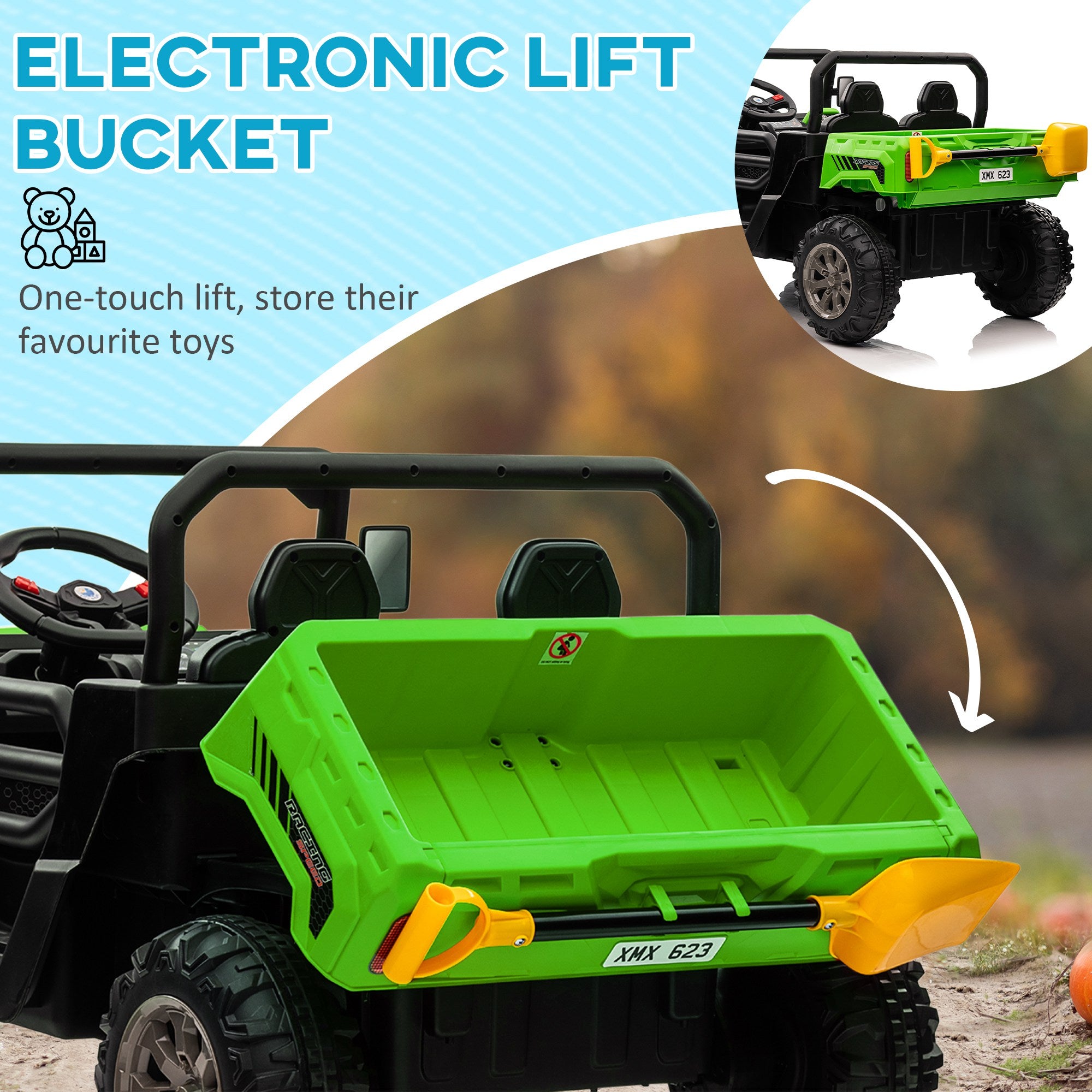 HOMCOM 12V 2 Seater Kids Electric Ride-On Car with Electric Bucket, Remote Control - Green - North Peak Garden Furniture