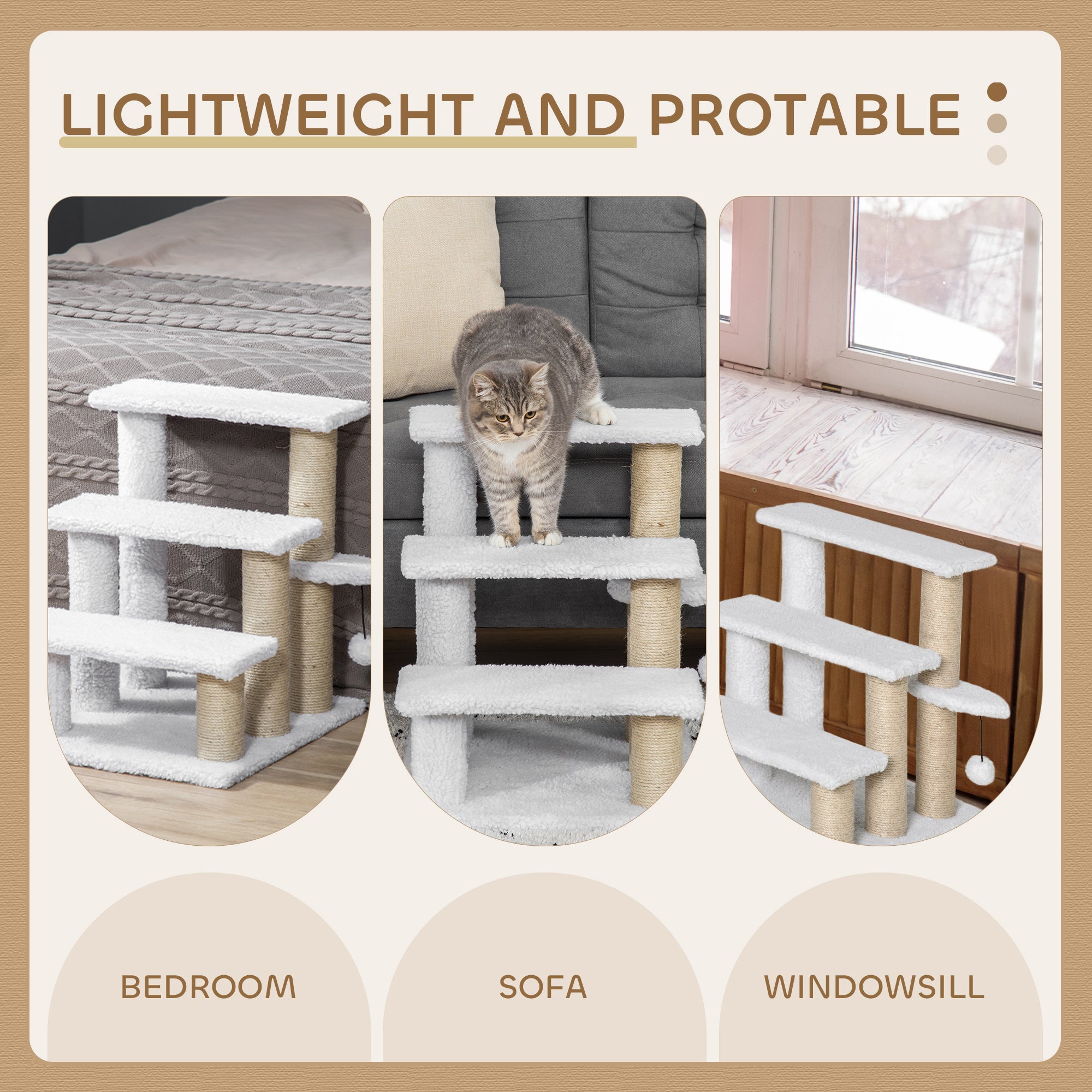 PawHut Pet Stair with 3-step Climb Ladder, Scratching Posts, Platforms, Toy Ball, for Indoor Elderly Cats Kittens, White - North Peak Garden Furniture