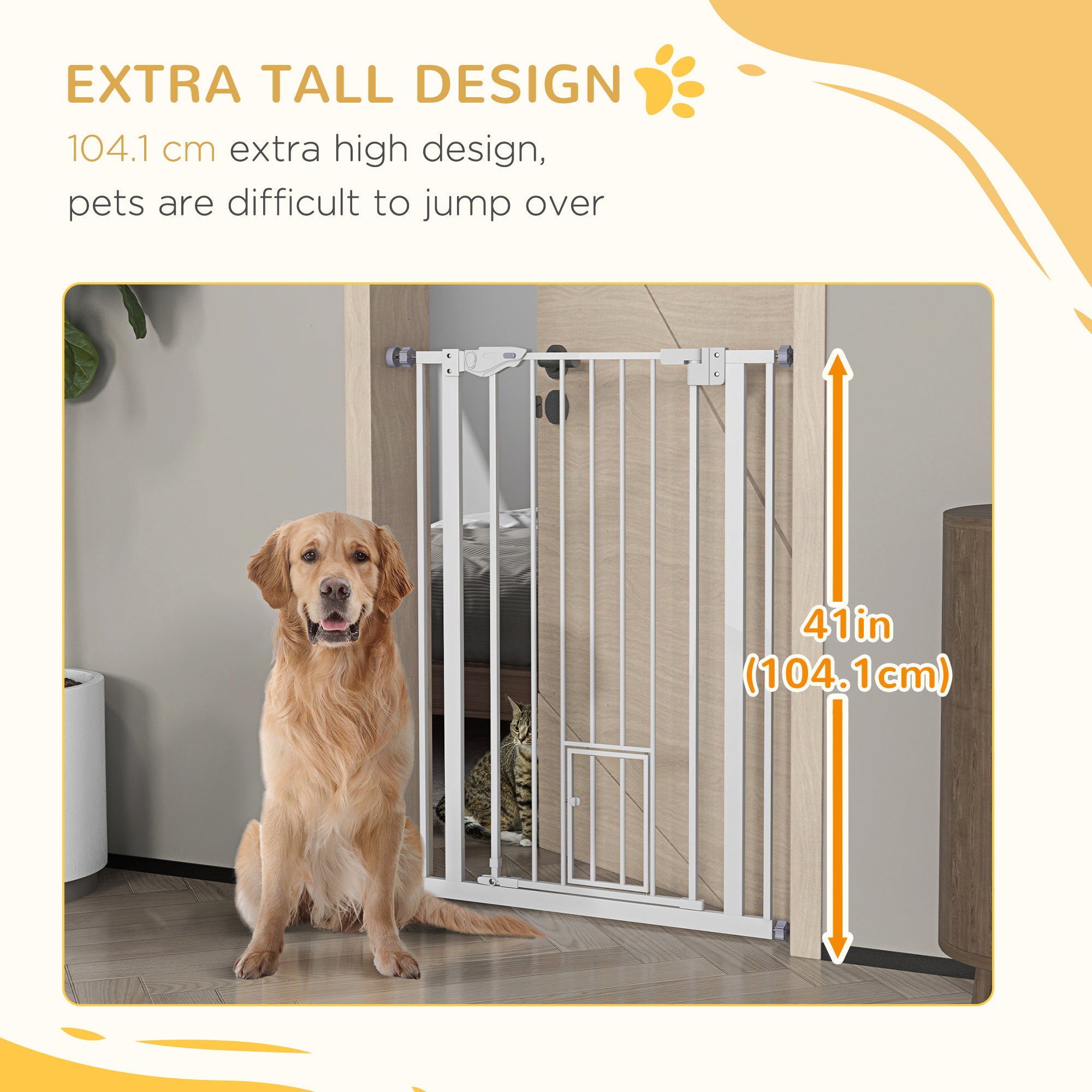 PawHut Extra Tall Pet Gate, Indoor Dog Safety Gate, with Cat Flap, Auto Close, 74-80cm Wide - White