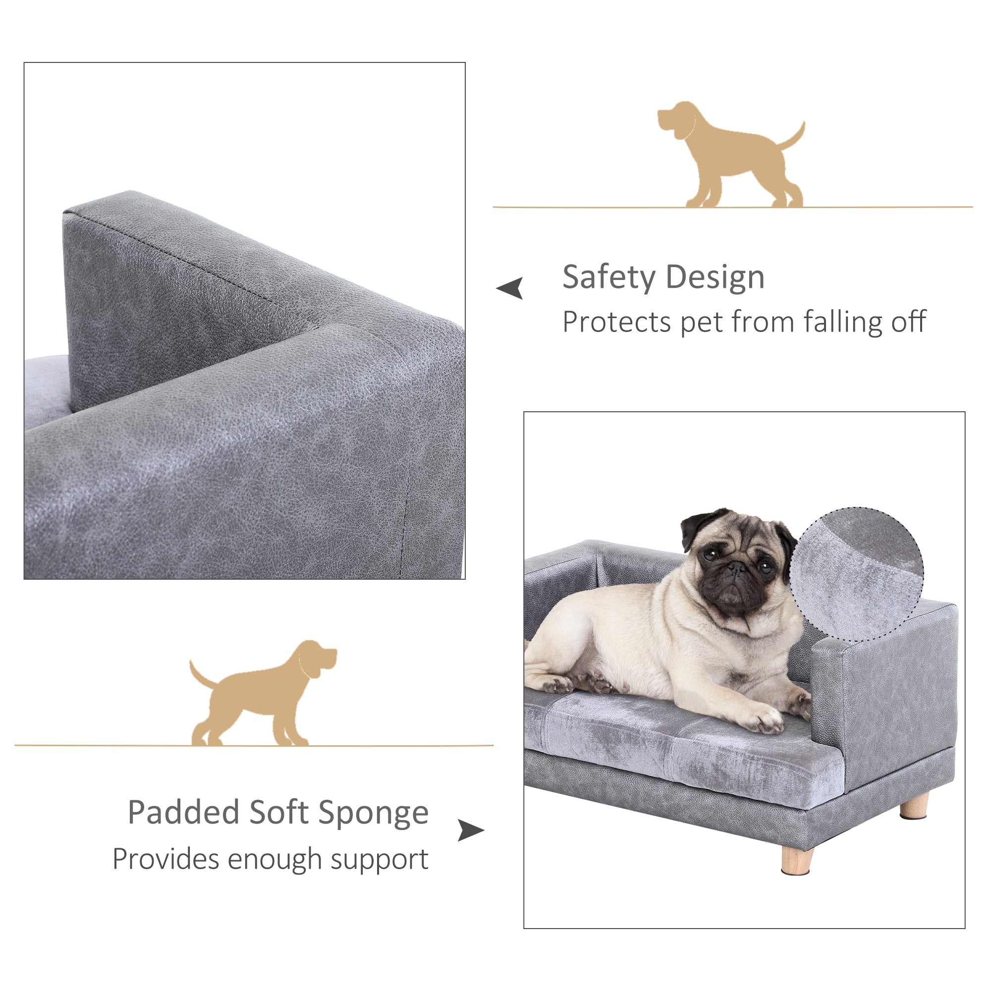 PawHut Dog Sofa Bed for Small-Sized Dogs, Elevated Pet Chair with PU Cover, Soft Cushion, Cat Couch Lounger with Anti-slip Legs - Grey - North Peak Garden Furniture
