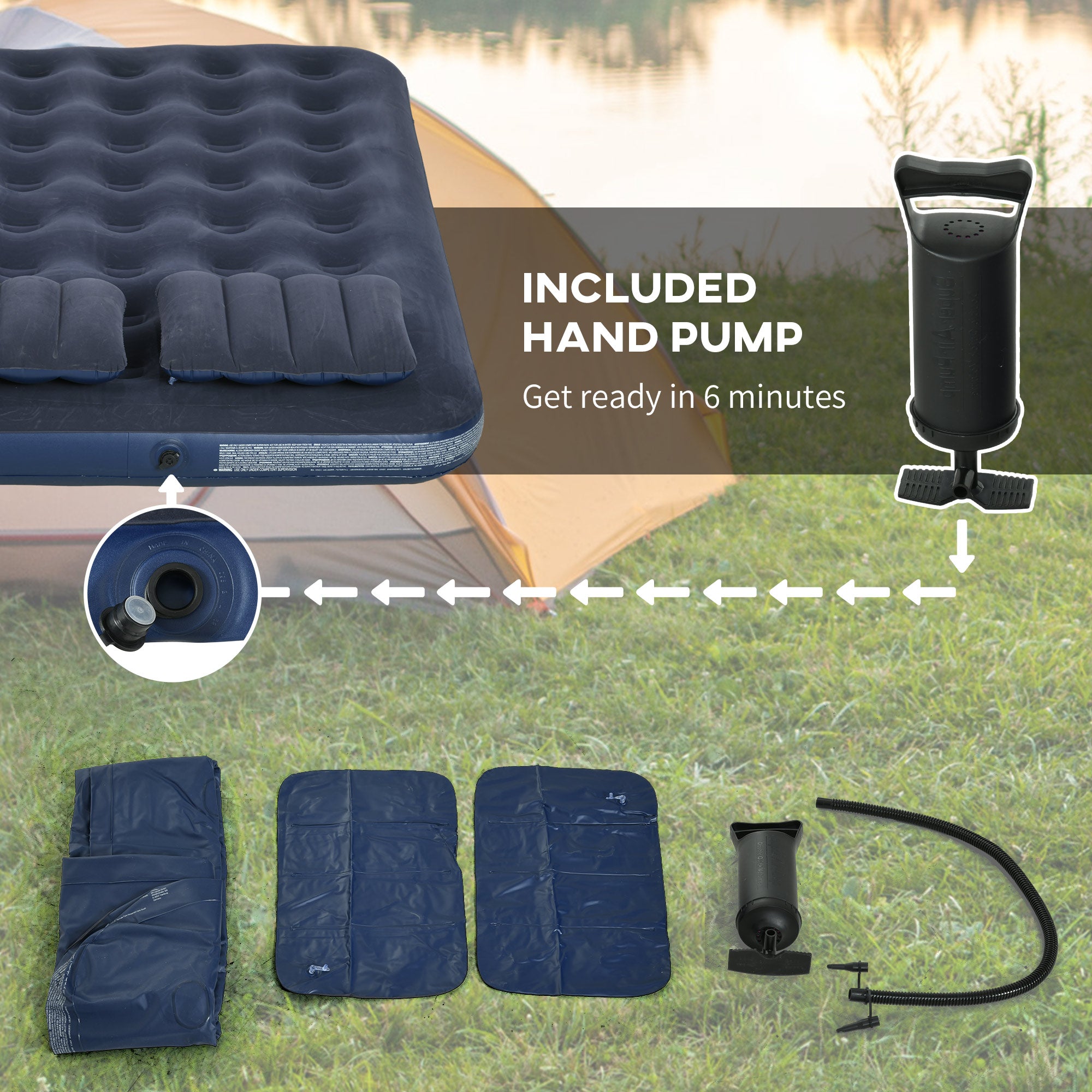 Outsunny Inflatable King Size Air Bed, with Built-In Hand Pump - Blue - North Peak Garden Furniture