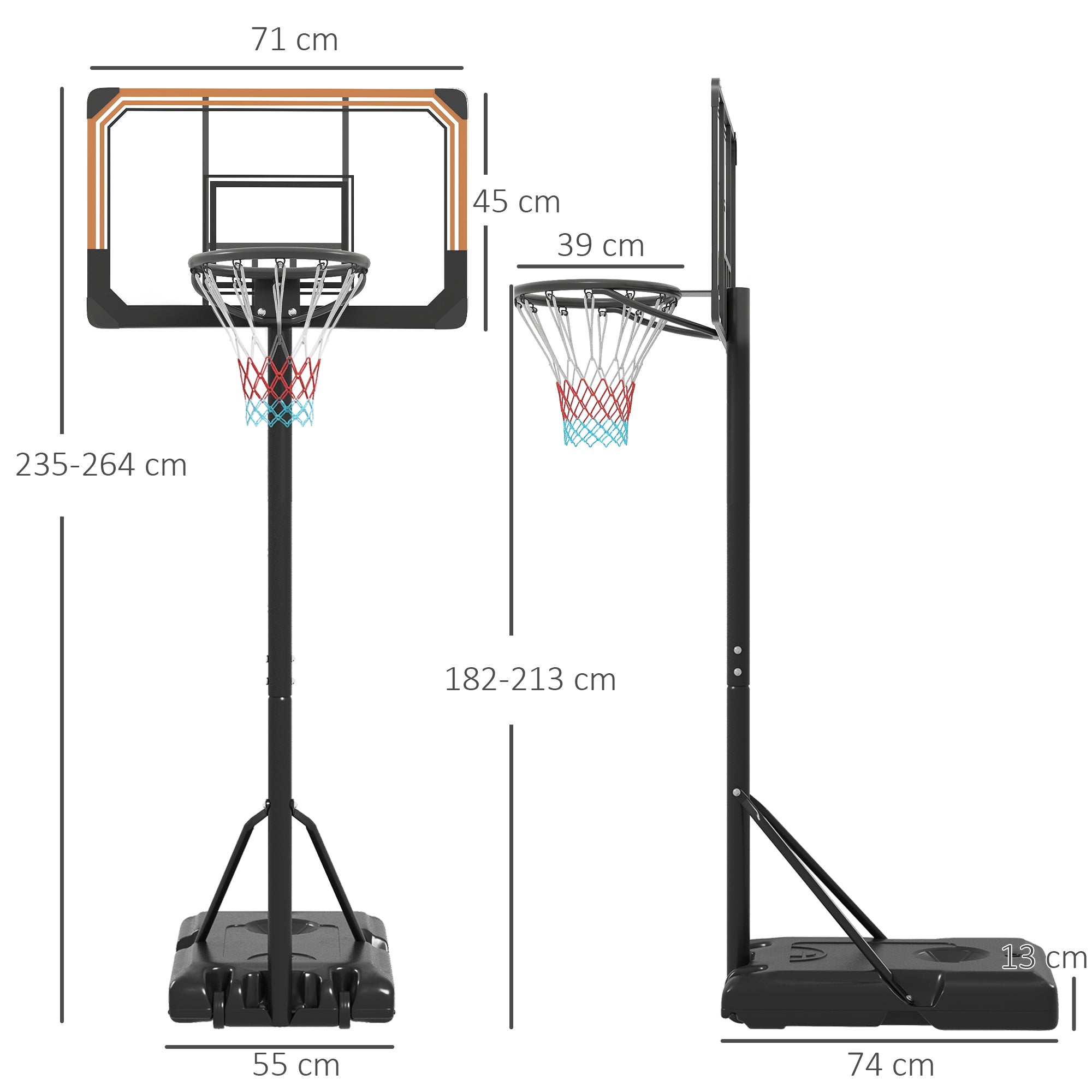 SPORTNOW Height Adjustable Basketball Stand Net Set System, Freestanding Basketball Hoop and Stand with Wheels, 182-213cm - Black - North Peak Garden Furniture
