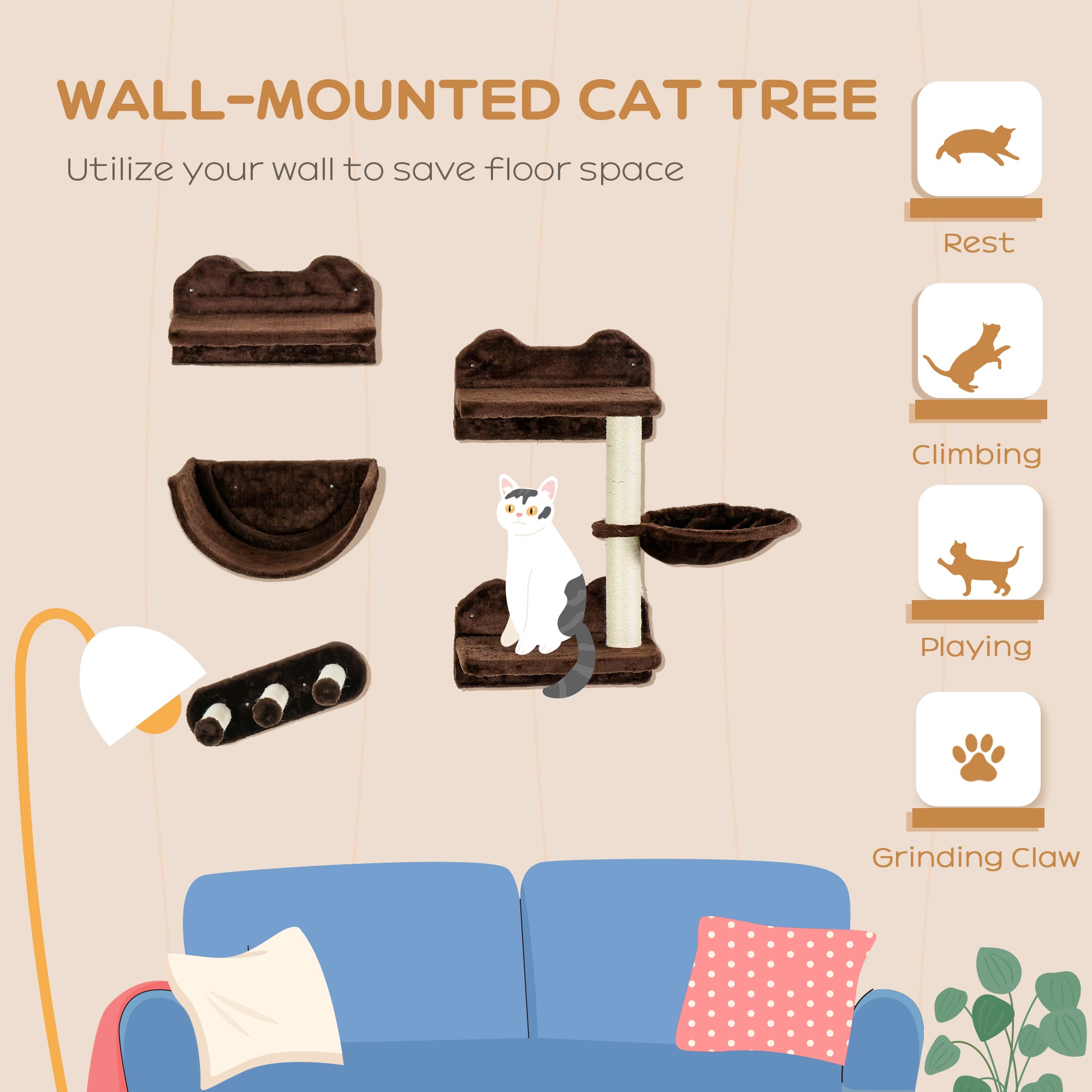 PawHut 4PCs Wall-Mounted Cat Shelves w/ Scratching Post, Hammock, Nest - Brown - North Peak Garden Furniture