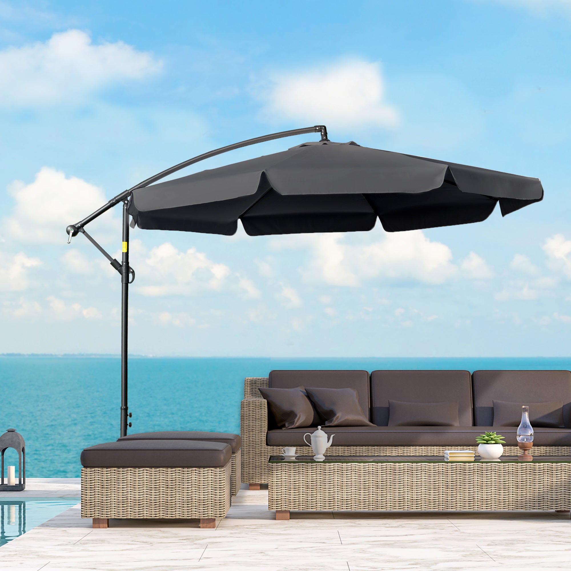Outsunny 2.7m Garden Banana Parasol Cantilever Umbrella with Crank Handle and Cross Base for Outdoor, Hanging Sun Shade, Black - North Peak Garden Furniture