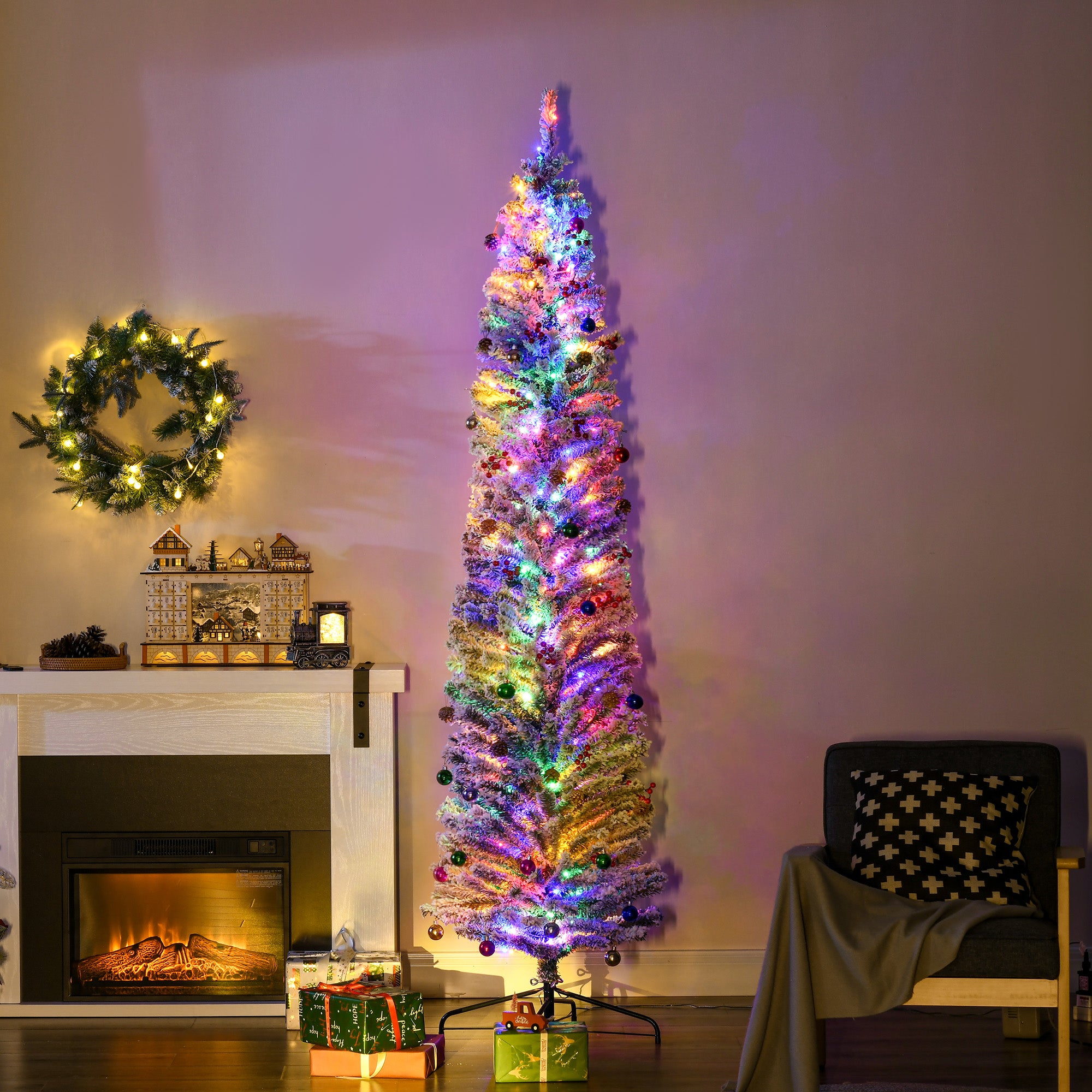 HOMCOM 7.5' Artificial Prelit Christmas Trees Holiday Décor with Colourful LED Lights, Flocked Tips, Berry, Pine Cone - North Peak Garden Furniture