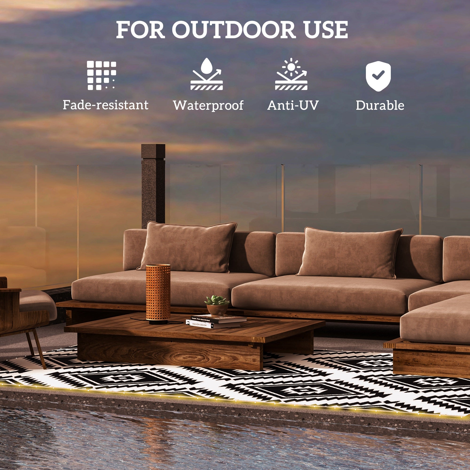 Outsunny Plastic Straw Reversible RV Outdoor Rug with LED String Light, 182 x 274cm, Black and White - North Peak Garden Furniture