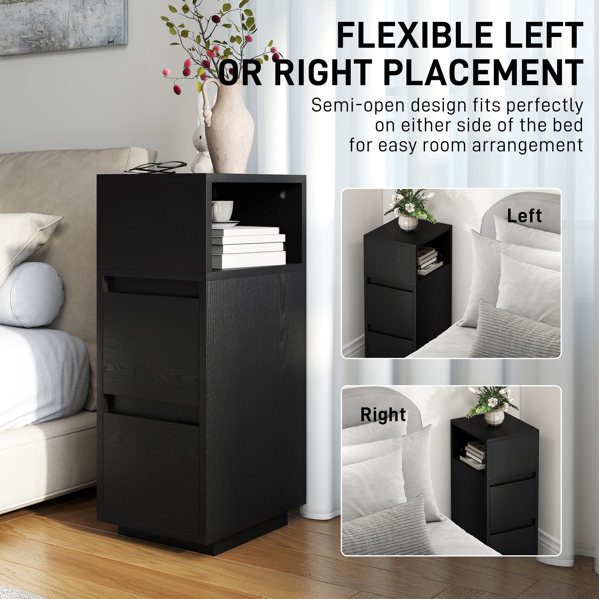 HOMCOM Slim Bedside Table, Narrow Bedside Cabinet with Open Shelf and 2 Drawers for Bedroom, Living Room, Black