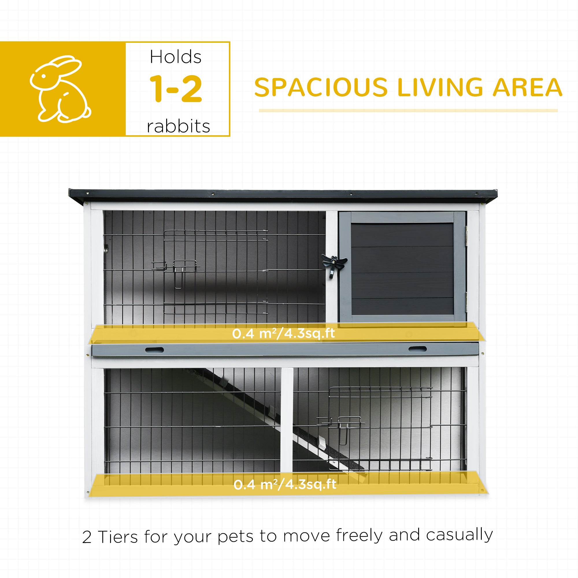 PawHut 2-Tier Wooden Rabbit Hutch Guinea Pig House Bunny Cage Backyard w/ Openable Roof Small Animal House for Outdoor Grey, 108 x 45 x 78 cm - North Peak Garden Furniture