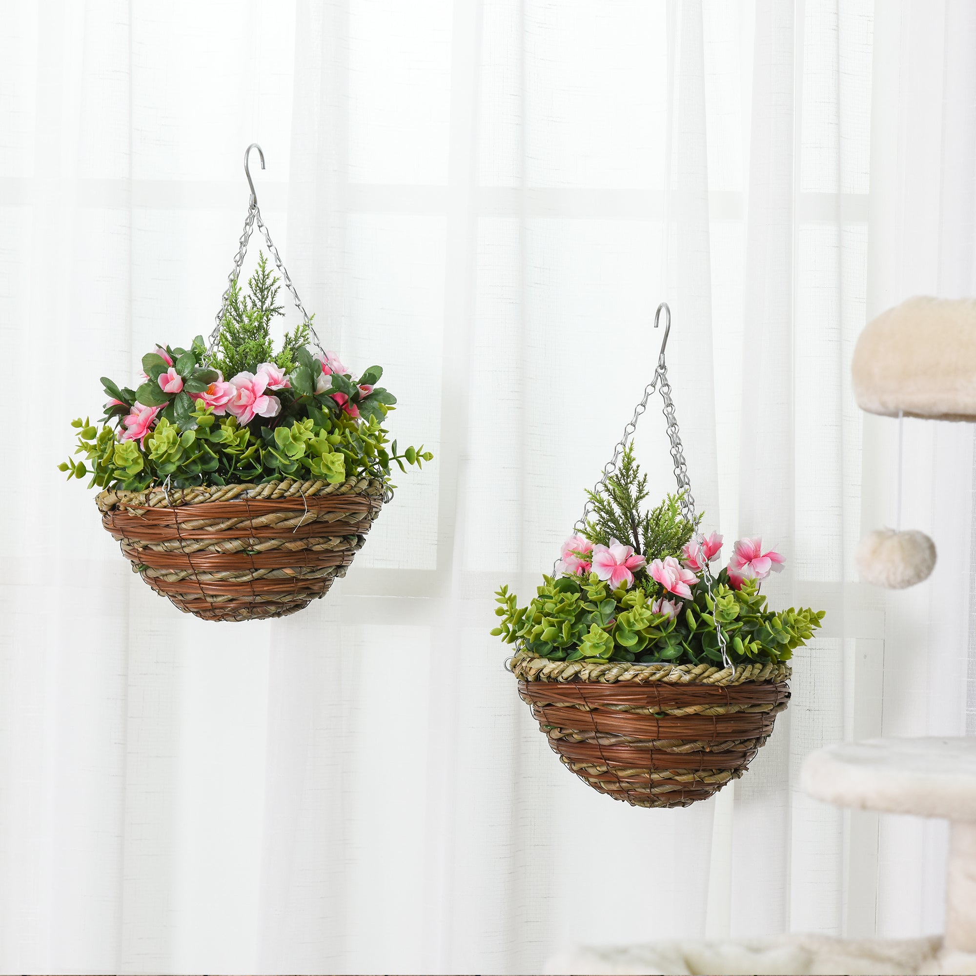 Outsunny Pack of 2 Faux Plant Artificial Lisianthus Flowers Hanging Planter with Basket for Indoor Outdoor Decoration, Pink - North Peak Garden Furniture