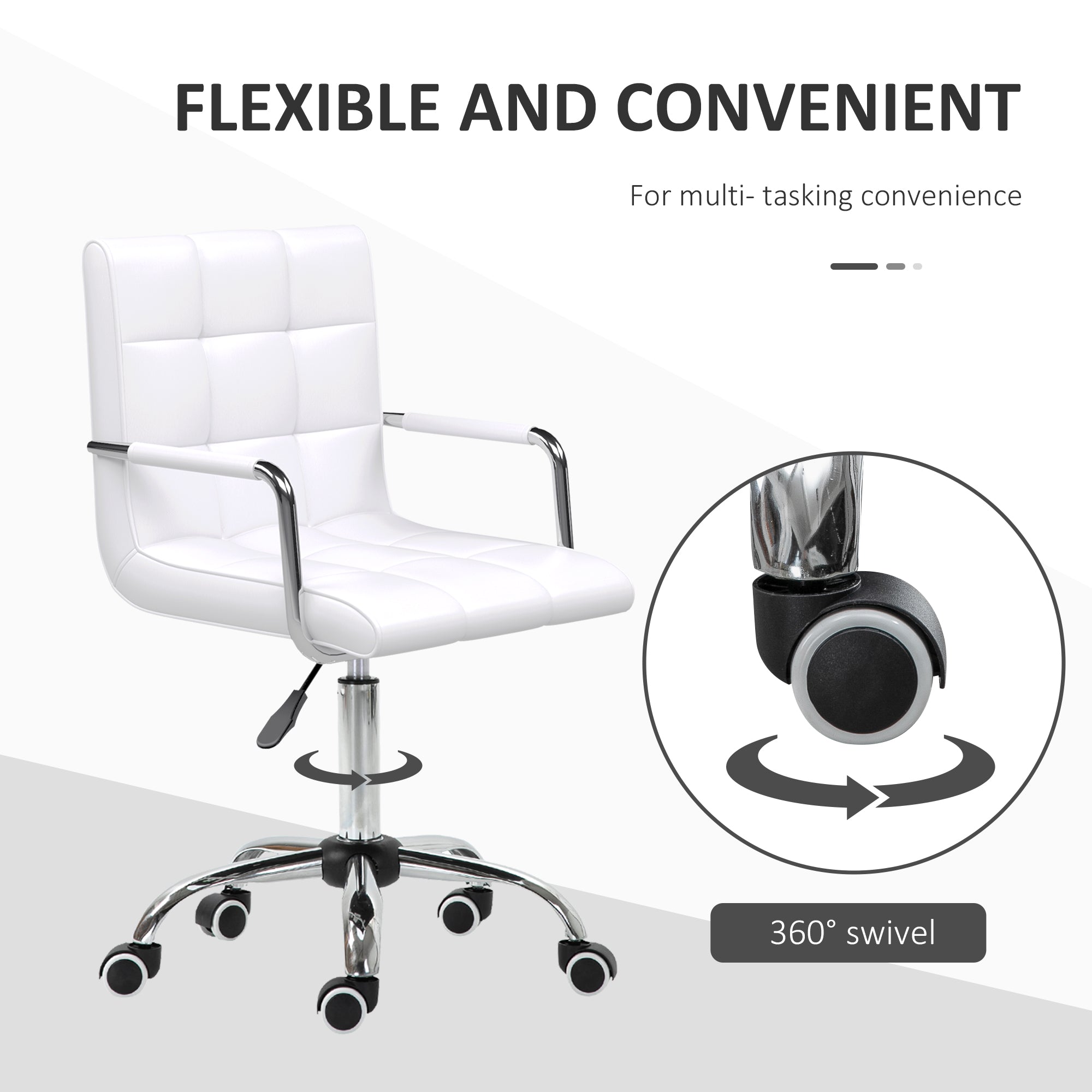 Vinsetto Office Chair, Makeup Vanity Chair, Mid Back Computer Chair, PU Leather Swivel Study Chair with Adjustable Height, Armrest and Rolling Wheels, White - North Peak Garden Furniture