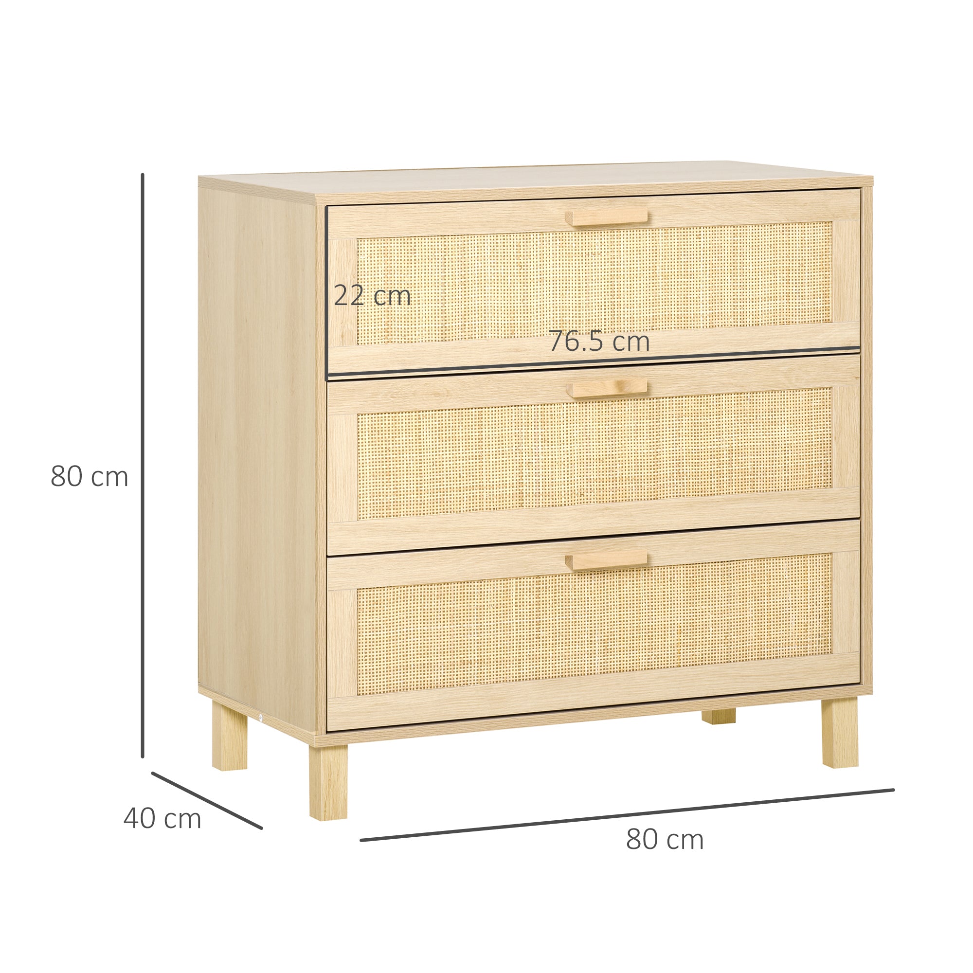HOMCOM Rattan Bedroom Chest of Drawers, 3 Drawers Storage Unit, Boho Dresser for Living Room, Hallway, Natural - North Peak Garden Furniture