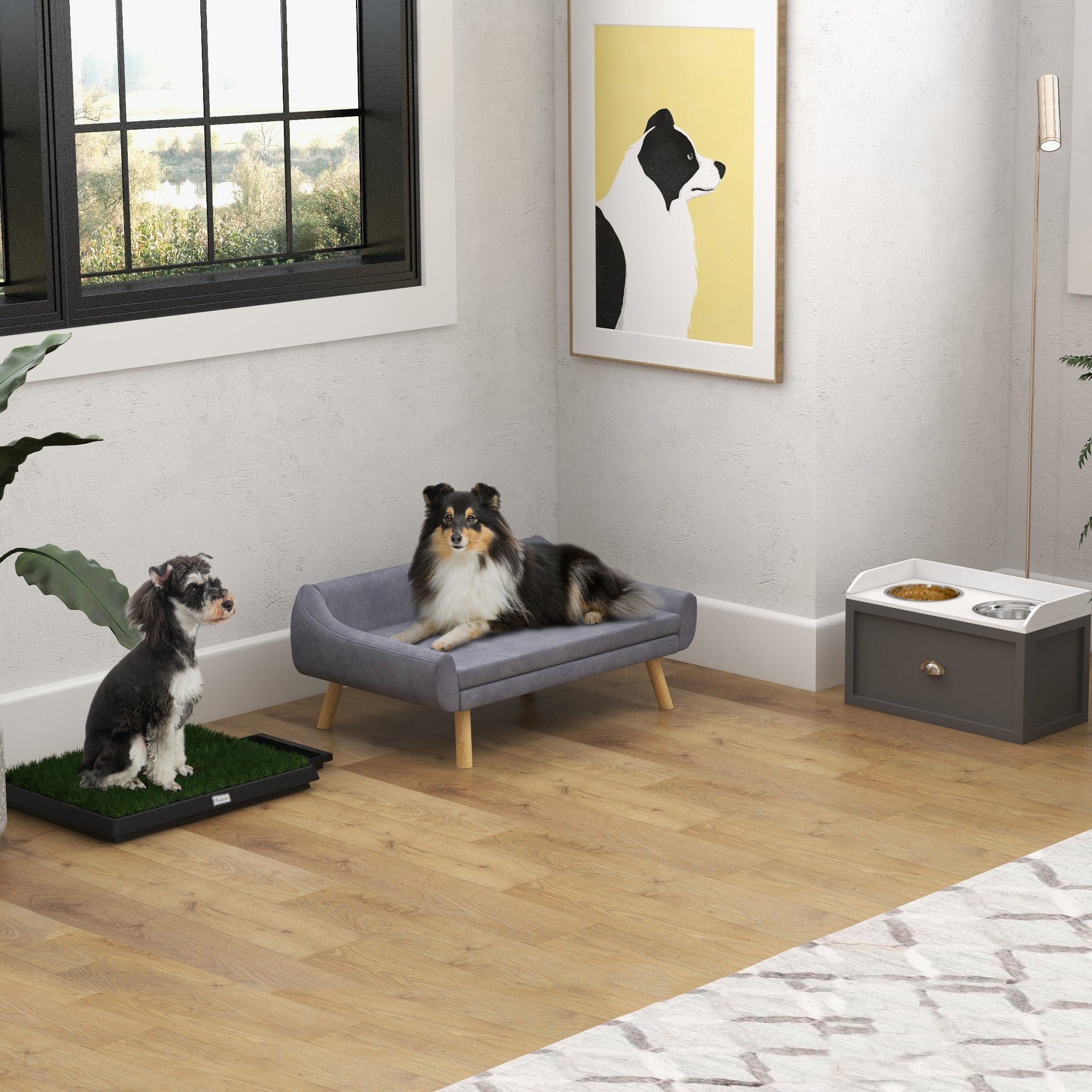 PawHut Dog Couch with Soft Cushion, Pet Sofa Bed with Wooden Frame, Removable Cover, for Medium and Large Dogs, Grey - North Peak Garden Furniture