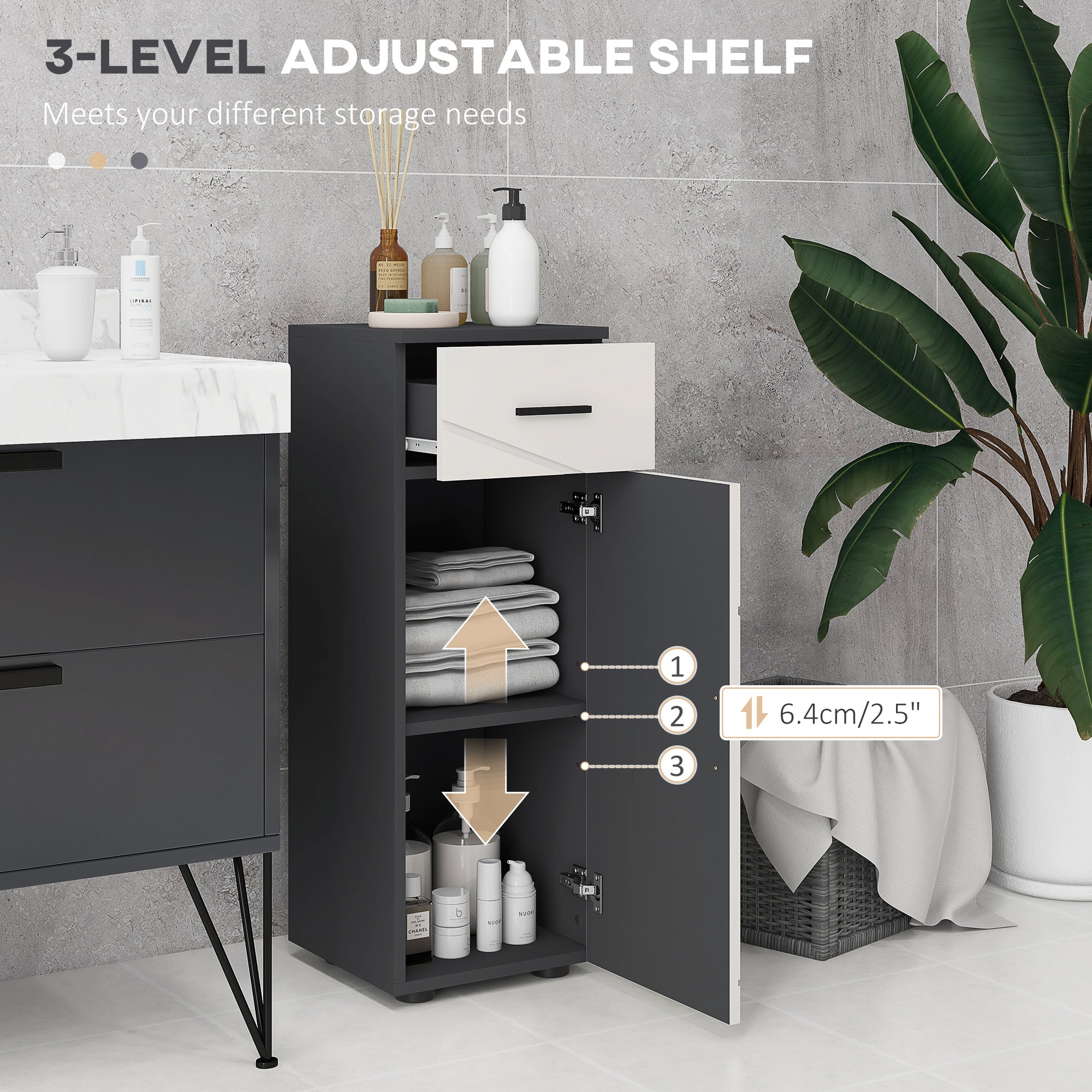 kleankin Slim Bathroom Cabinet, Narrow Bathroom Storage Cabinet with Drawer, Door Cupboard, Adjustable Shelf and Soft Close Mechanism, Grey - North Peak Garden Furniture