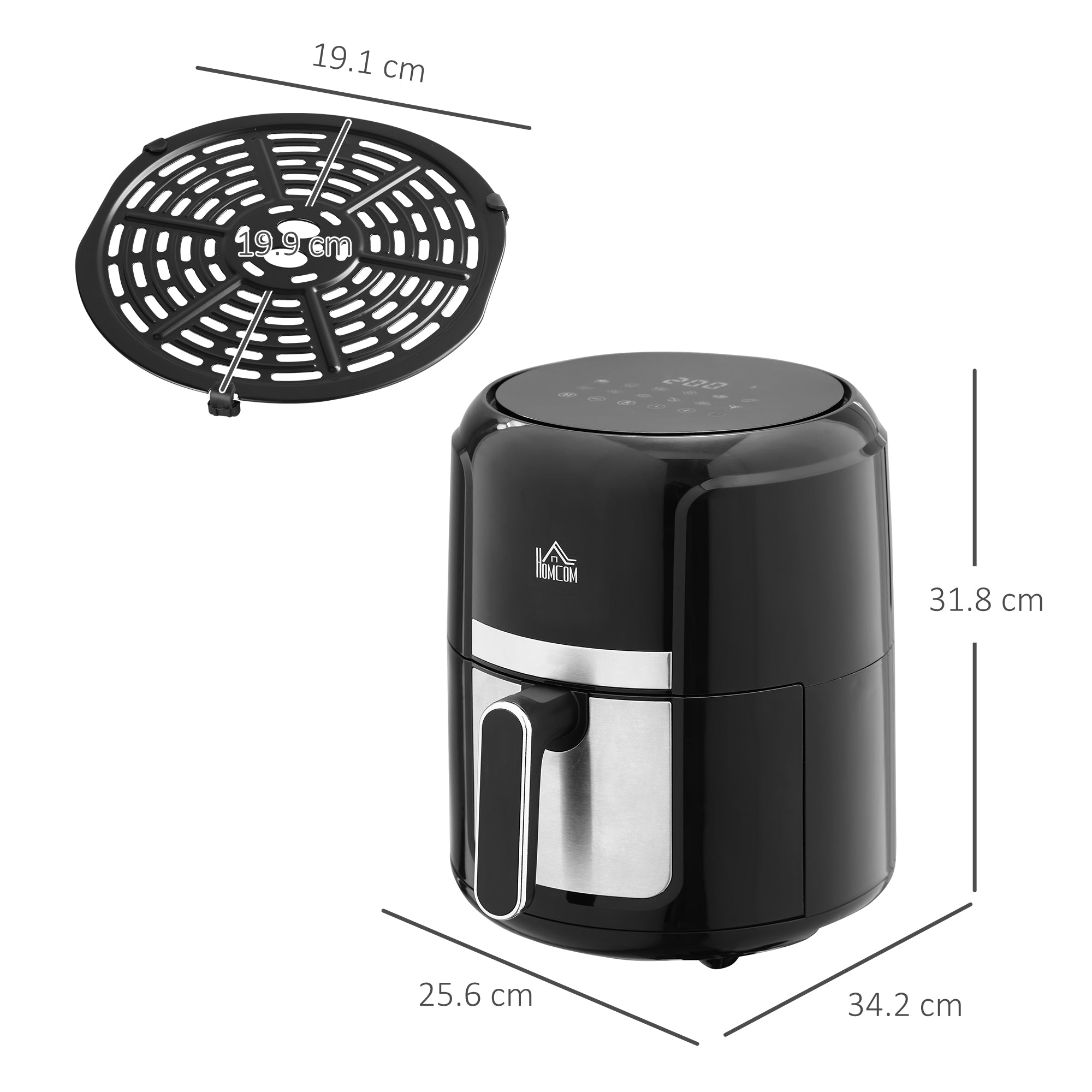 HOMCOM 4L Air Fryer, 1300W Air Fryer Oven with Digital Touch Display, Rapid Air Circulation, 12 Cooking Programs, Adjustable Temperature, Timer, Nonstick Basket for Oil Less or Low Fat Cooking, Black