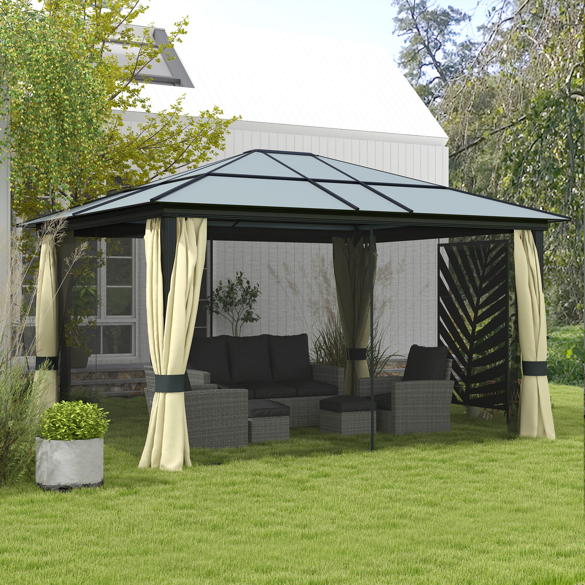 Outsunny 3.6 x 4m Hardtop Gazebo Canopy with Polycarbonate Roof and Aluminium Frame, Garden Pavilion with Mosquito Netting and Curtains