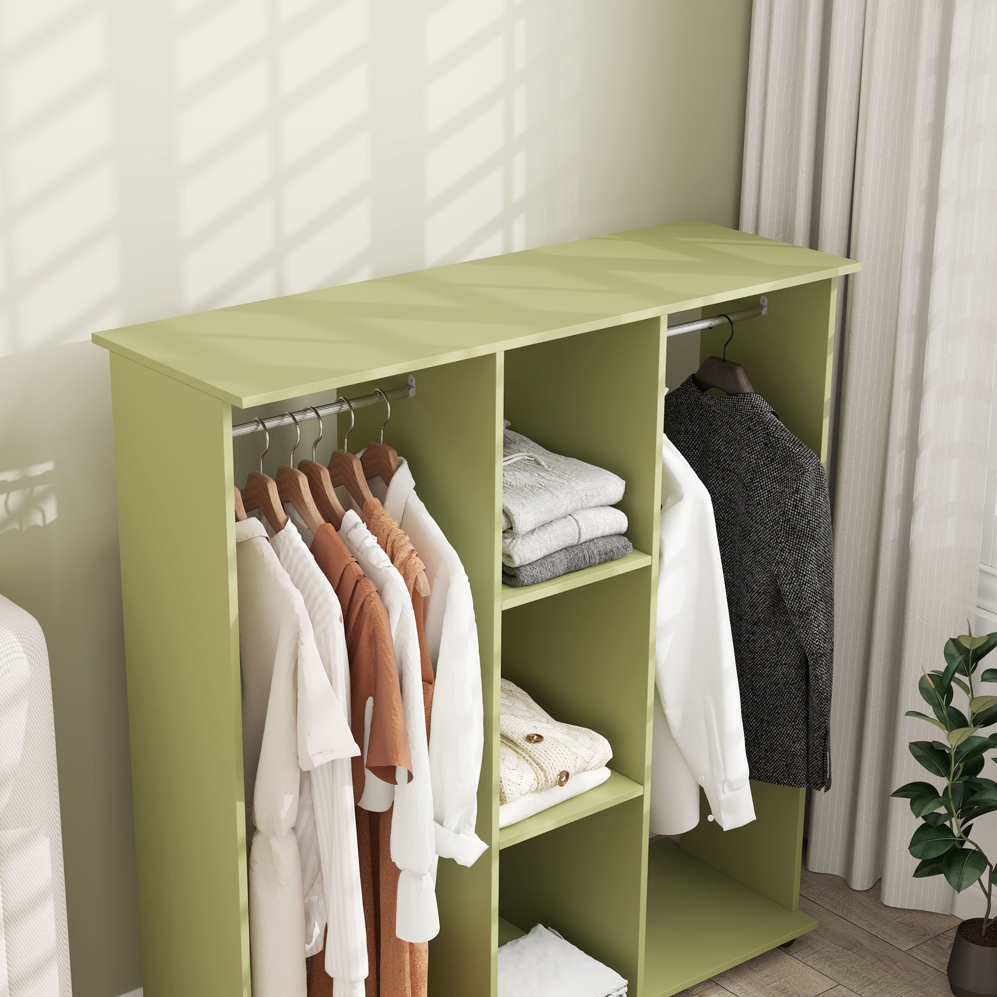 HOMCOM Open Wardrobe Double Mobile Storage Shelves Organizer W/6 Wheels-Green - North Peak Garden Furniture