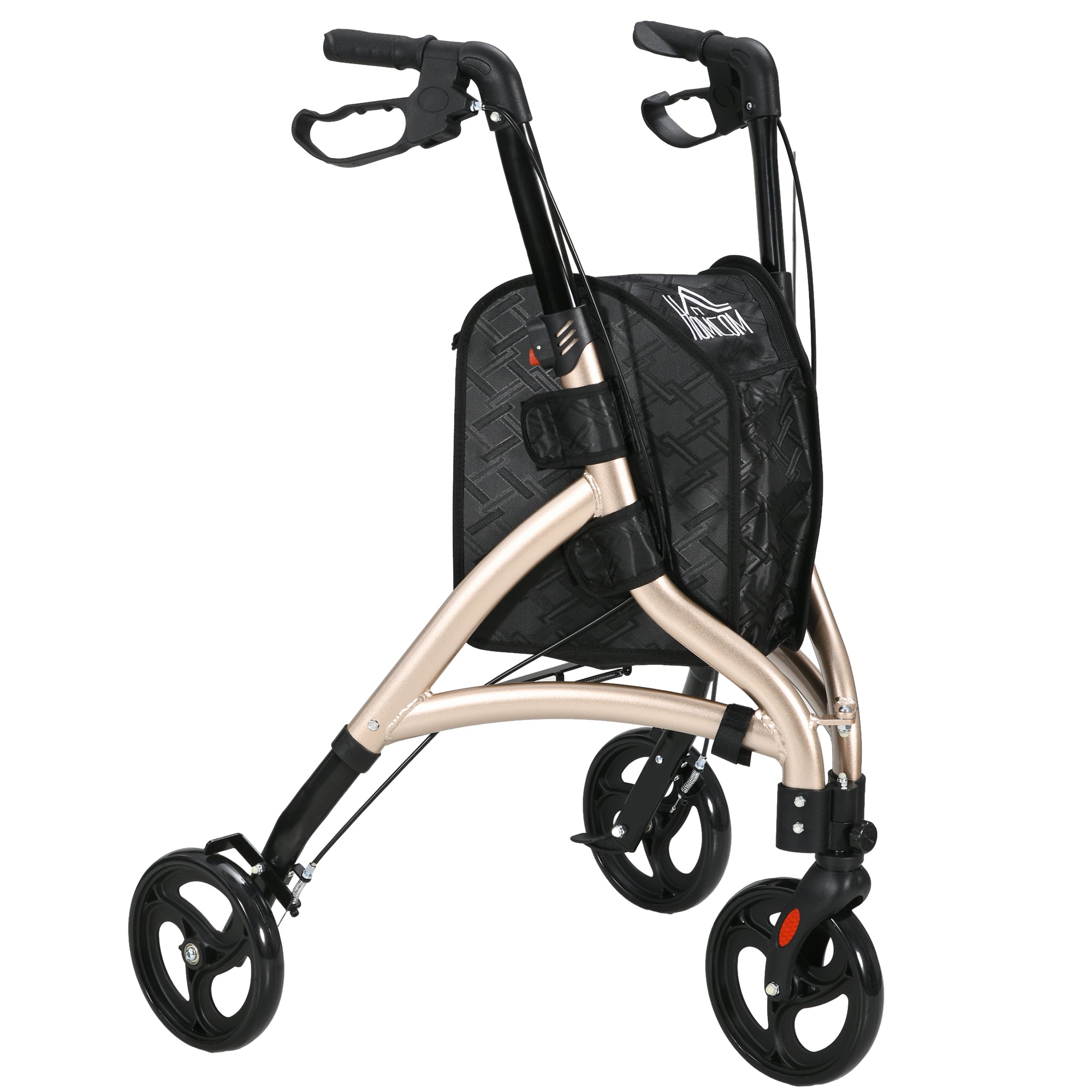 HOMCOM 3 Wheel Rollator, Lightweight Aluminium Tri Walker with Adjustable Handle, Storage Bag and Dual Brakes, Folding Mobility Walking Aid for Elderly, Handicapped, 5.3kg, Gold Tone - North Peak Garden Furniture