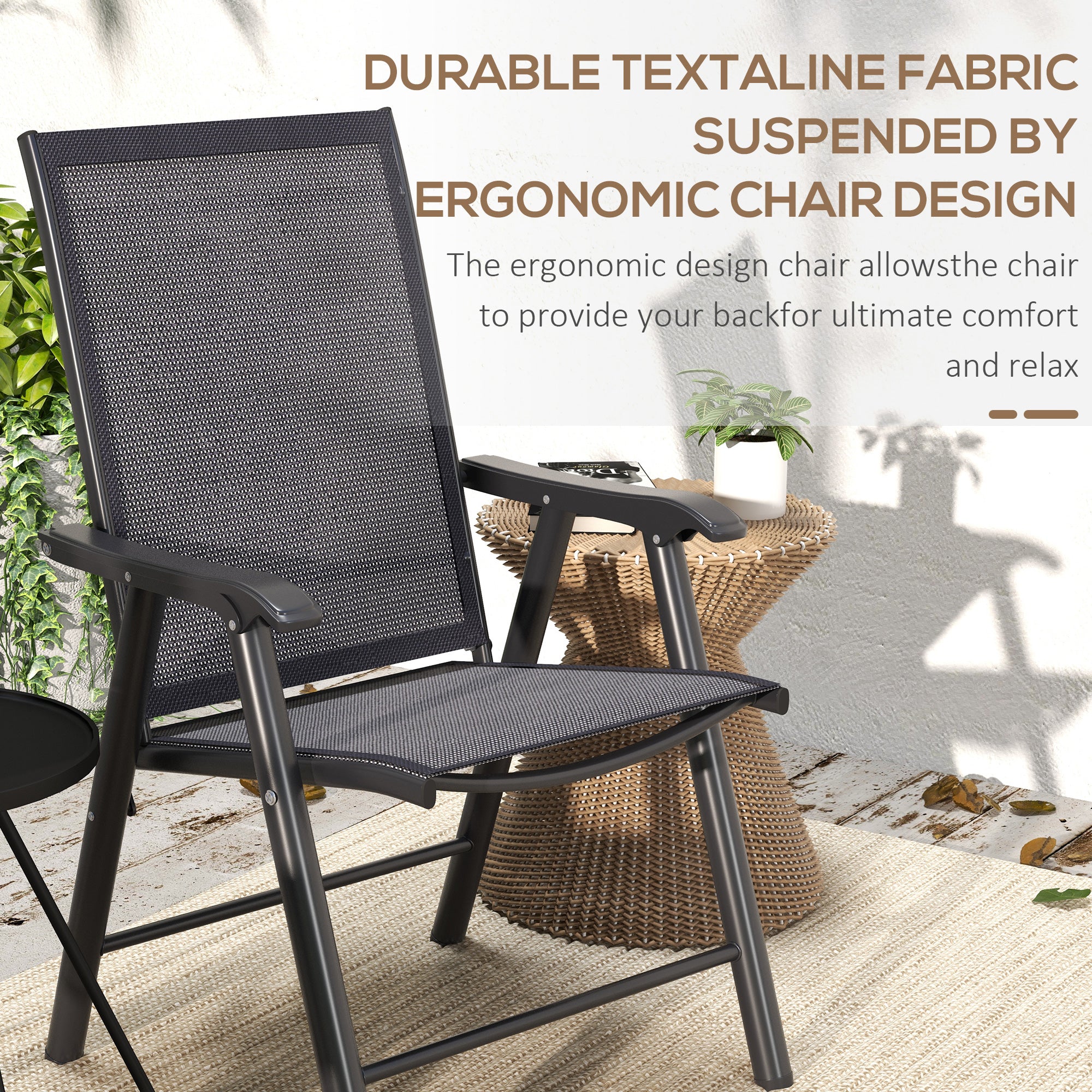 Outsunny Set of 4 Folding Garden Chairs, Metal Frame Garden Chairs Outdoor Patio Park Dining Seat with Breathable Mesh Seat, Dark Grey - North Peak Garden Furniture