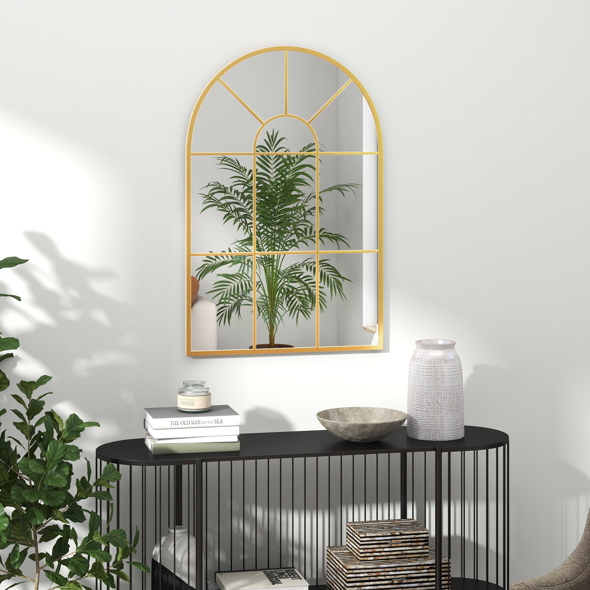 HOMCOM Modern Arched Wall Mirror, 91 x 60 cm Window Mirrors for Living Room, Bedroom, Gold Tone - North Peak Garden Furniture