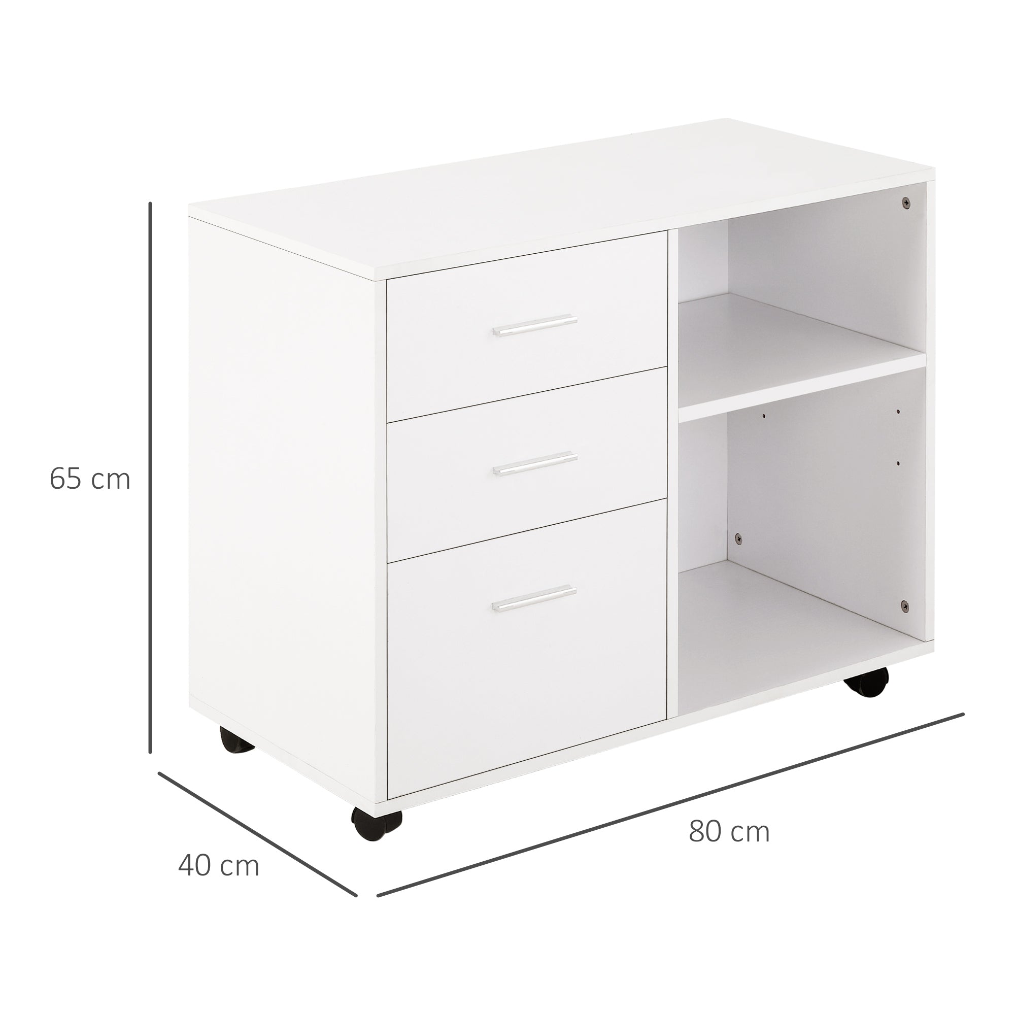 HOMCOM Mobile Printer Stand with Wheels, Office Desk Side Storage Unit, 3 Drawers 2 Shelves, 80L x 40W x 65H cm, White