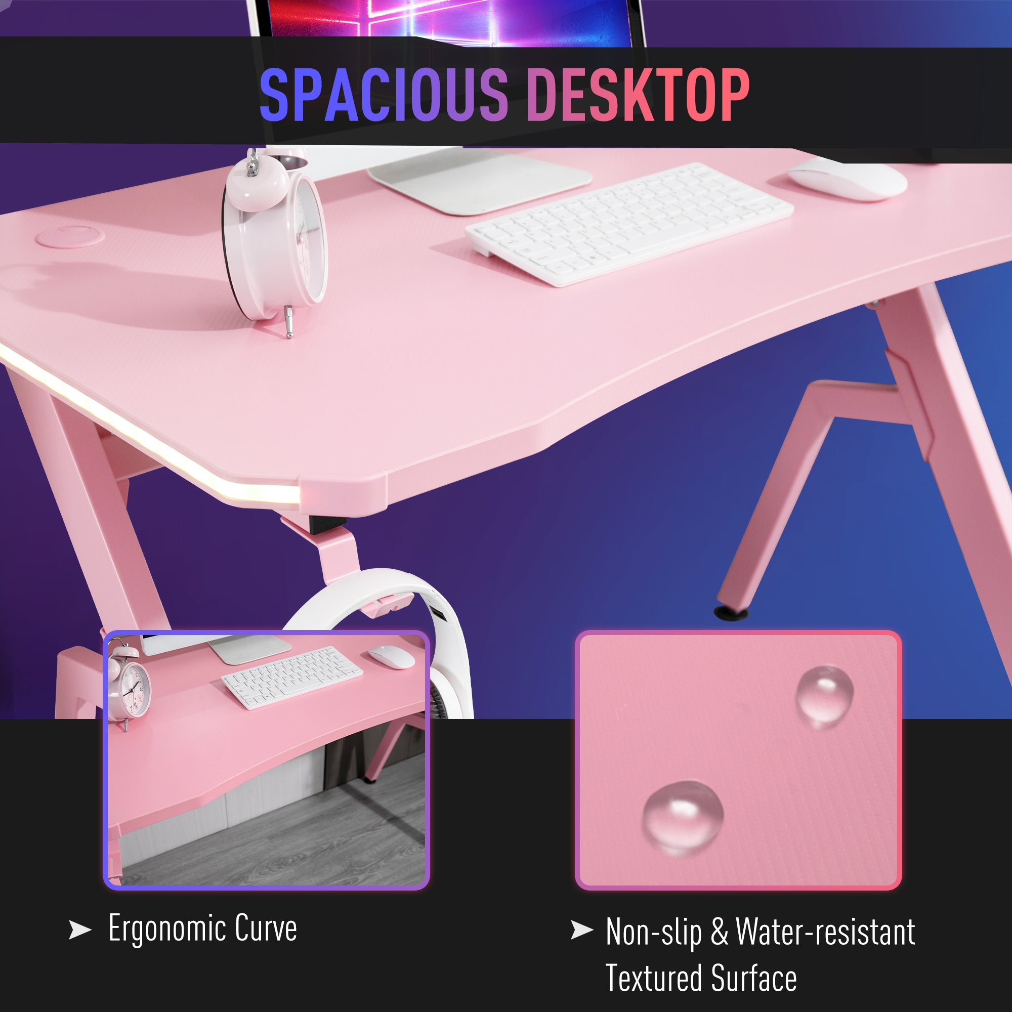 HOMCOM RGB 120 x 66cm Gaming Desk, Computer Table with Carbon Fibre Surface, Headphone Hook, Cup Holder, Controller Rack, Home Office Desk, Pink