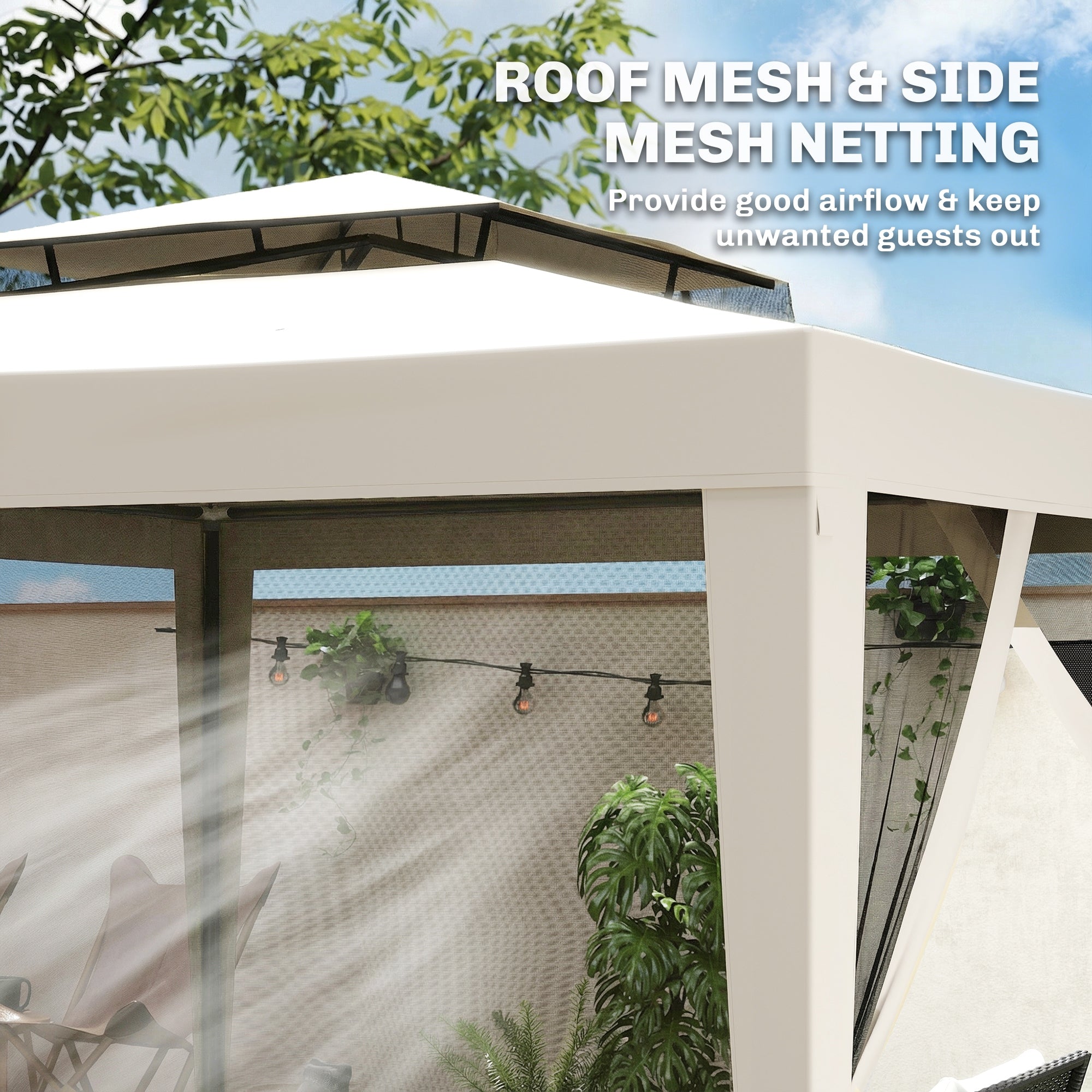 Outsunny 3 x 3 m Gazebo, Netting Party Tent, Patio Canopy Outdoor Event Shelter with Double Tier Roof, Cream White