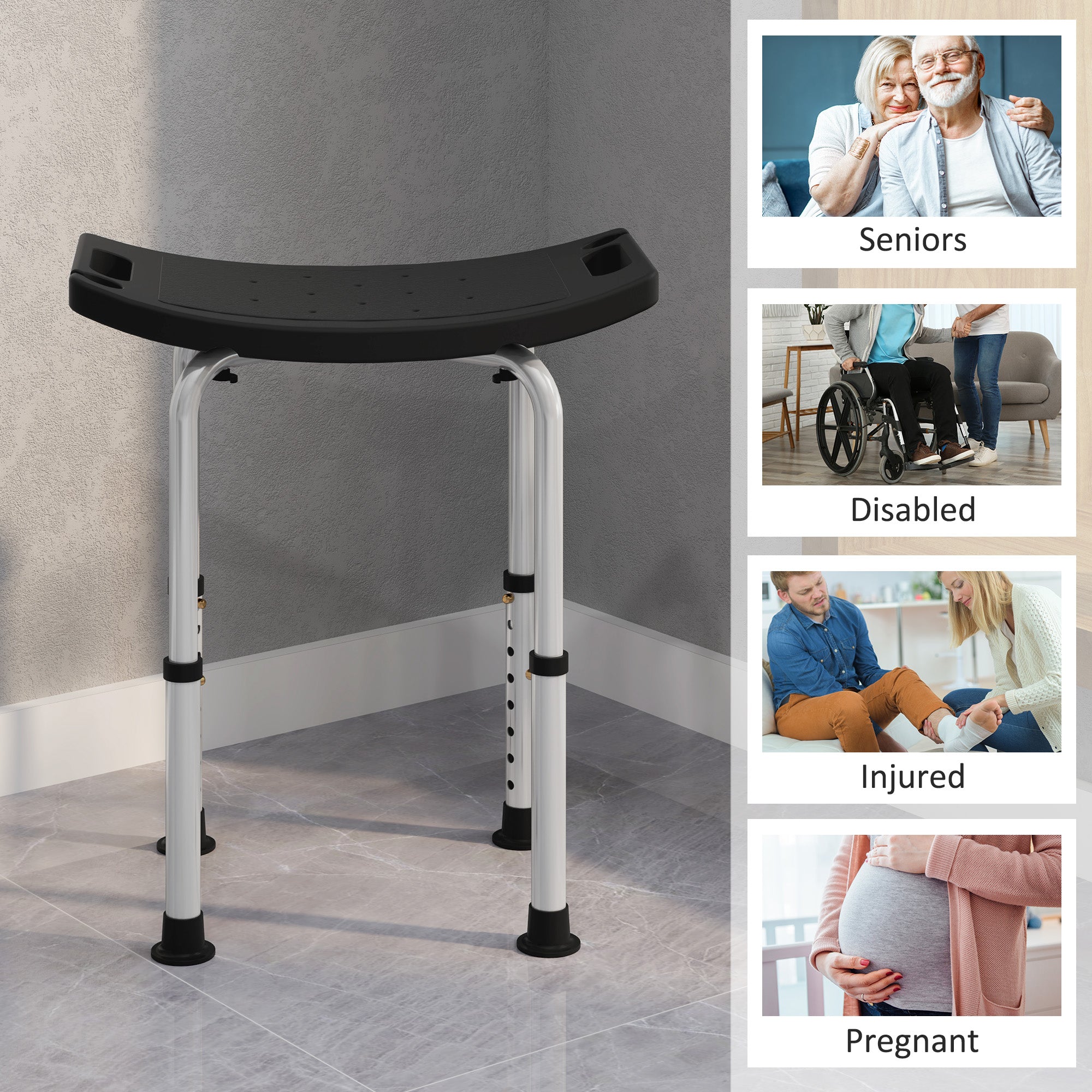 HOMCOM Height Adjustable Bath Stool, Aluminium Shower Stool with Non-Slip Pads for Elderly, Disabled, Seniors, Pregnant, Black - North Peak Garden Furniture