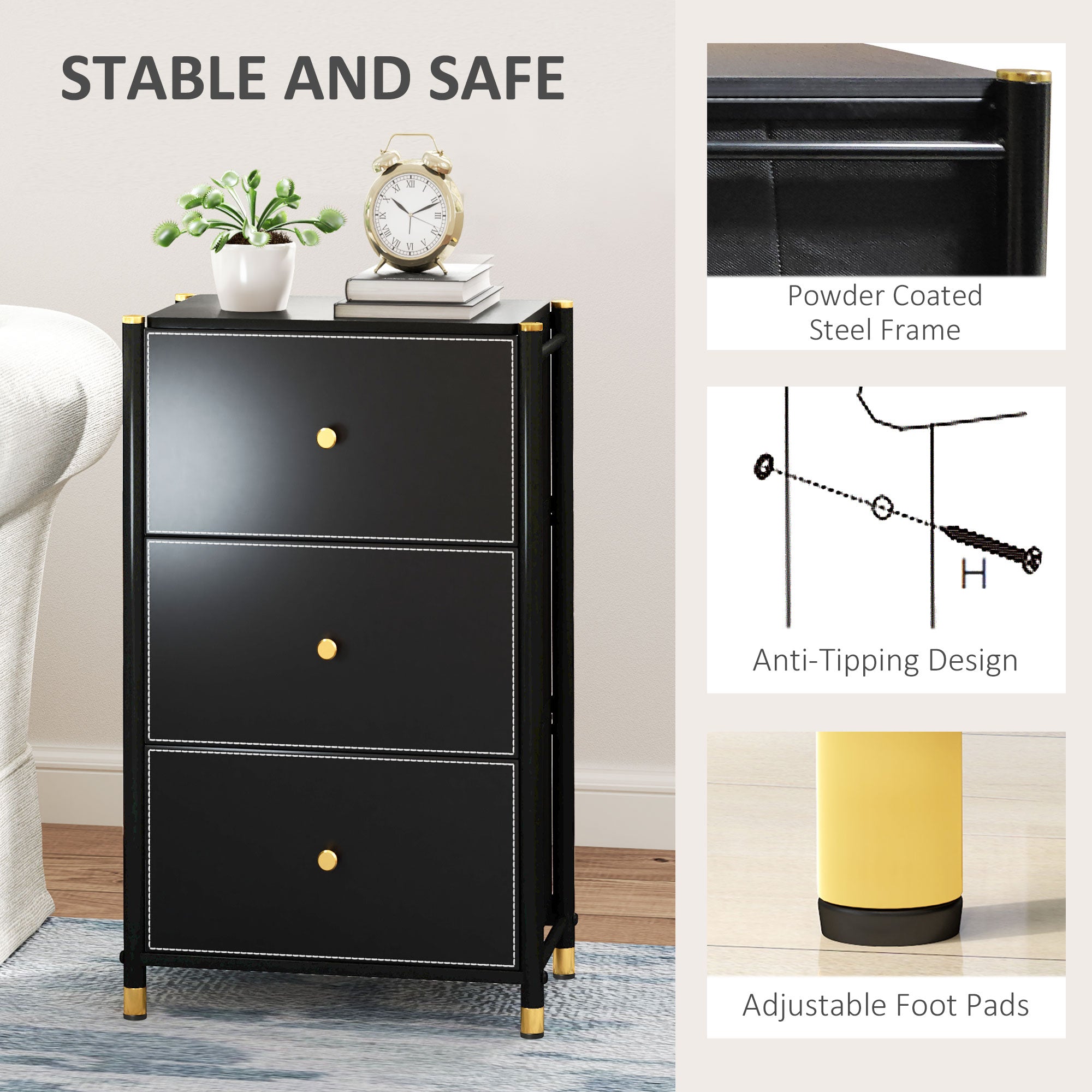 HOMCOM Faux Leather Front Chest of Three Drawers - Black - North Peak Garden Furniture