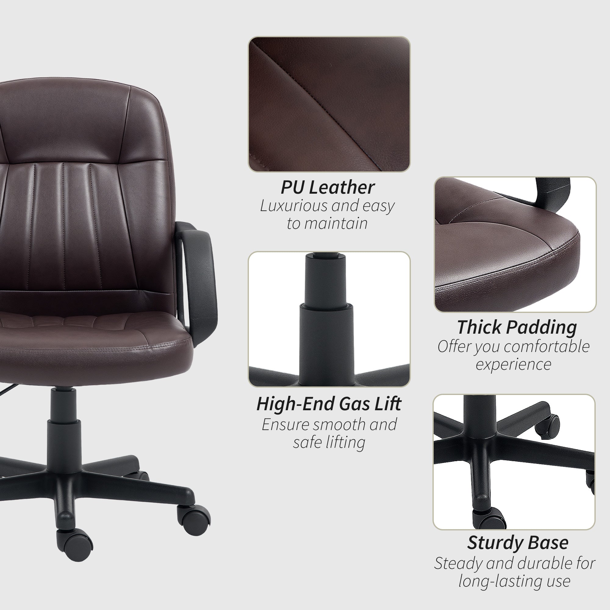 HOMCOM Swivel Executive Chair PU Leather Computer Desk Chair, Dark Brown - North Peak Garden Furniture