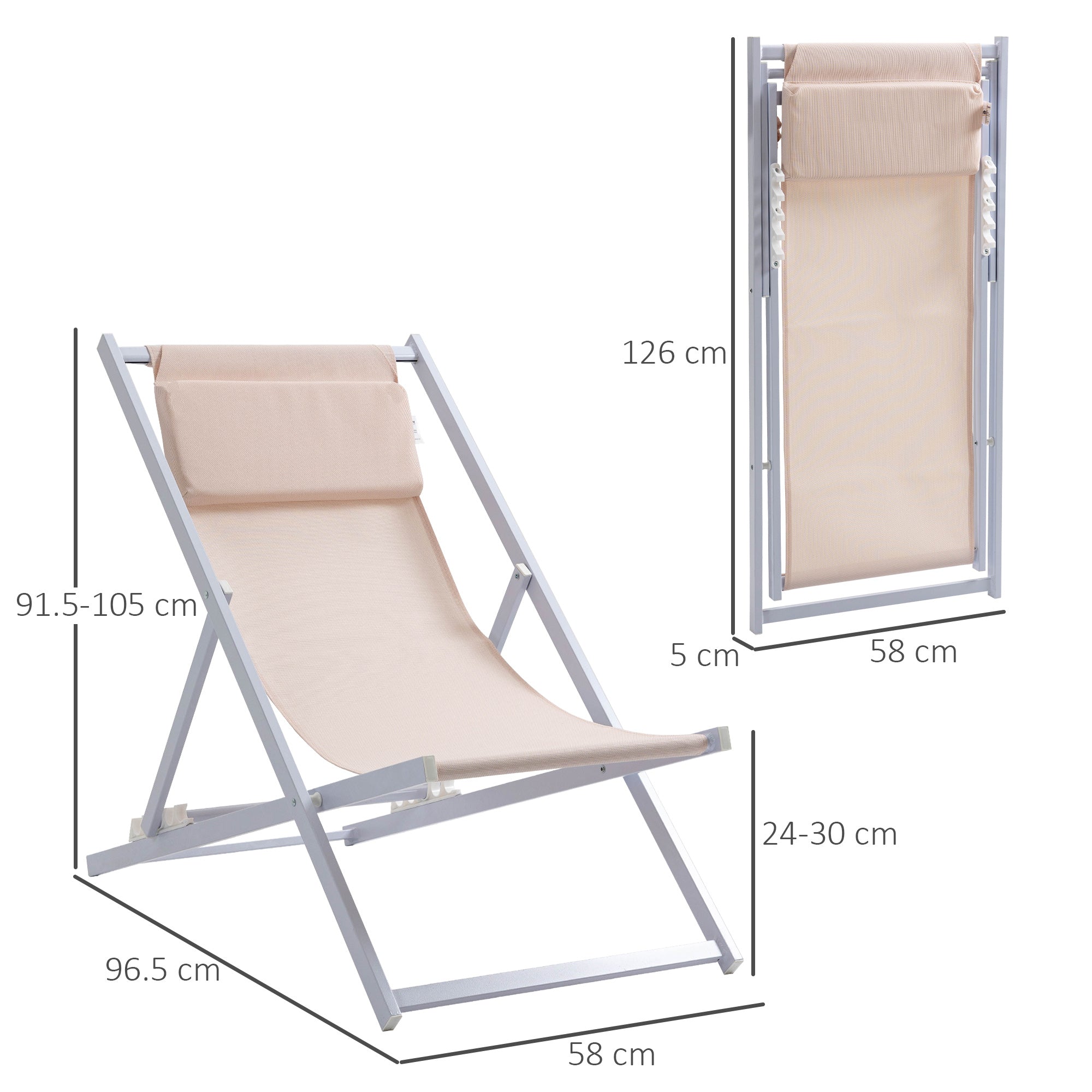 Outsunny Set of 2 Folding Garden Beach Aluminium Frame Deck Chairs Deckchairs Seaside Folding Garden Patio Lounger, Beige - North Peak Garden Furniture