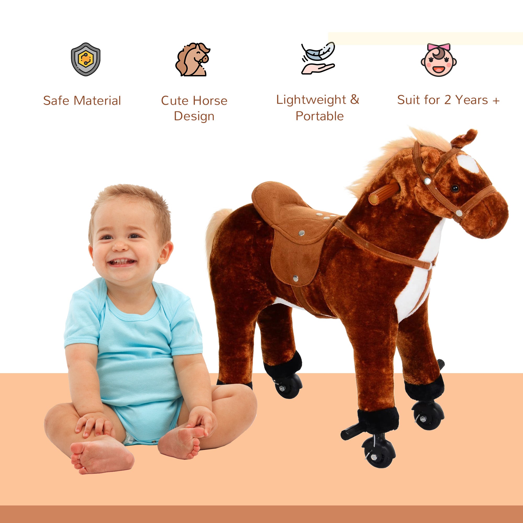 HOMCOM Plush Walking Horse Ride On Toy with Wheels and Realistic Sounds Rocking Horse for Girls Boys 2+ Years Old, 50cm Tall, Brown
