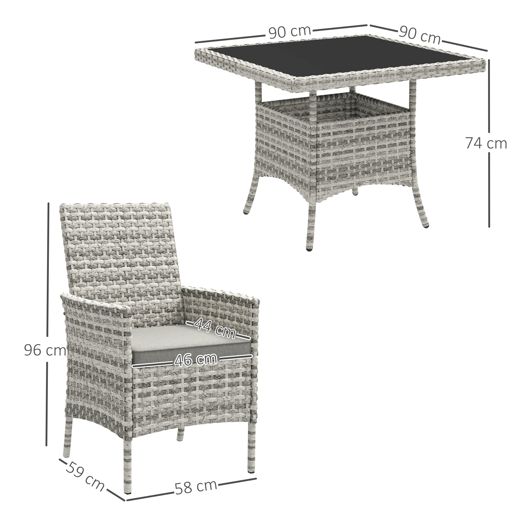 Outsunny Rattan Garden Furniture Set, Outdoor Dining Table and Chairs 4 Seater with Cushions, Square Tempered Glass Top, 4 Armchairs, for Balcony, Terrace, Conservatory, Mixed-Grey - North Peak Garden Furniture